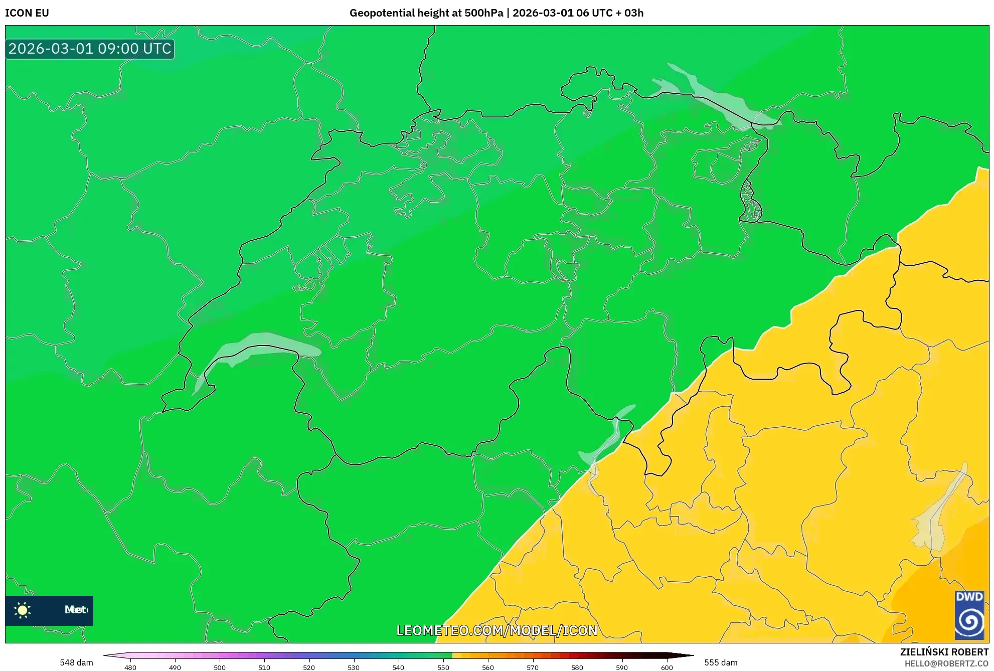 ICON model - Suiza, Altura geopotencial a 500 hPa