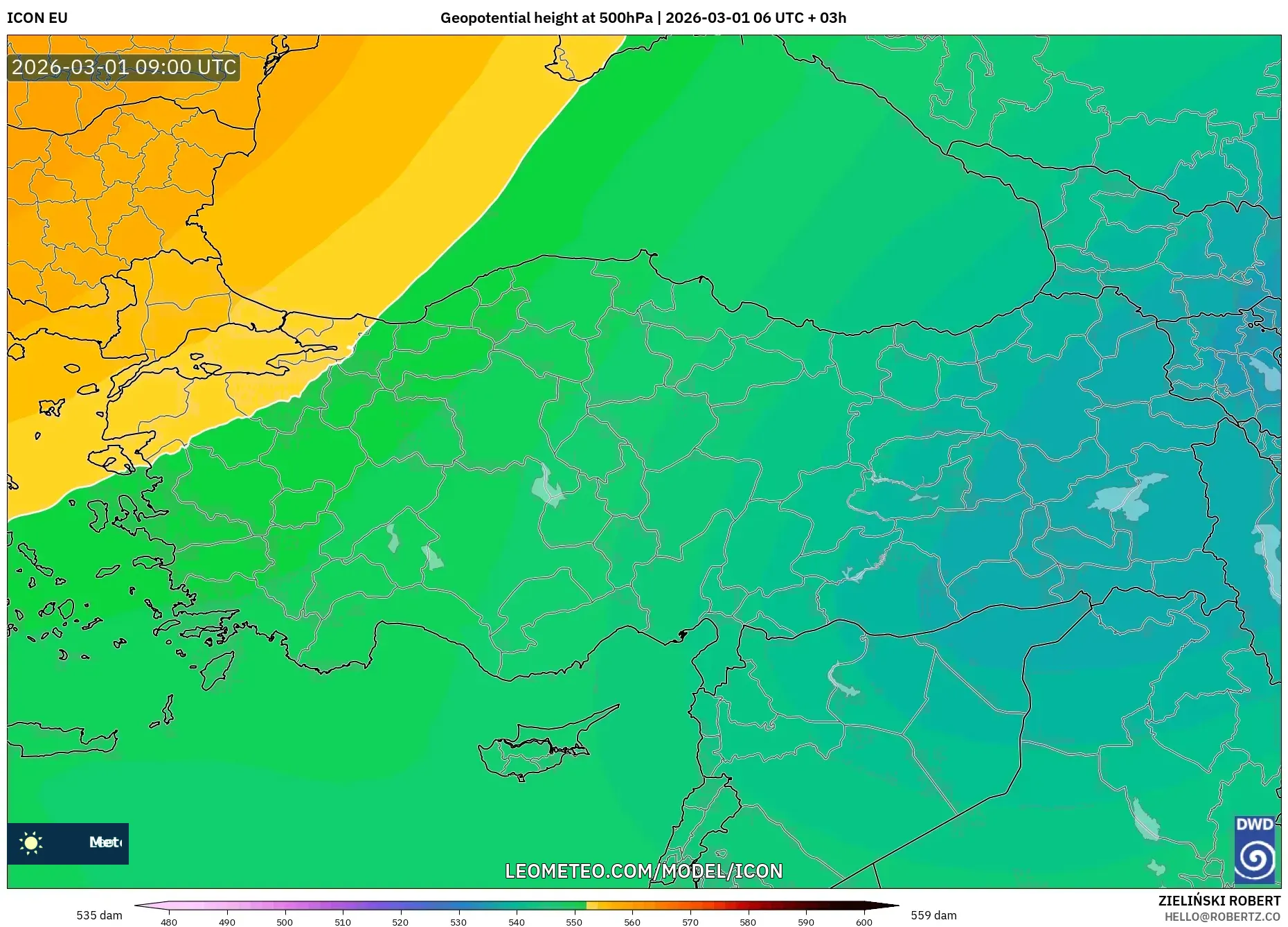 ICON model - Turquía, Altura geopotencial a 500 hPa