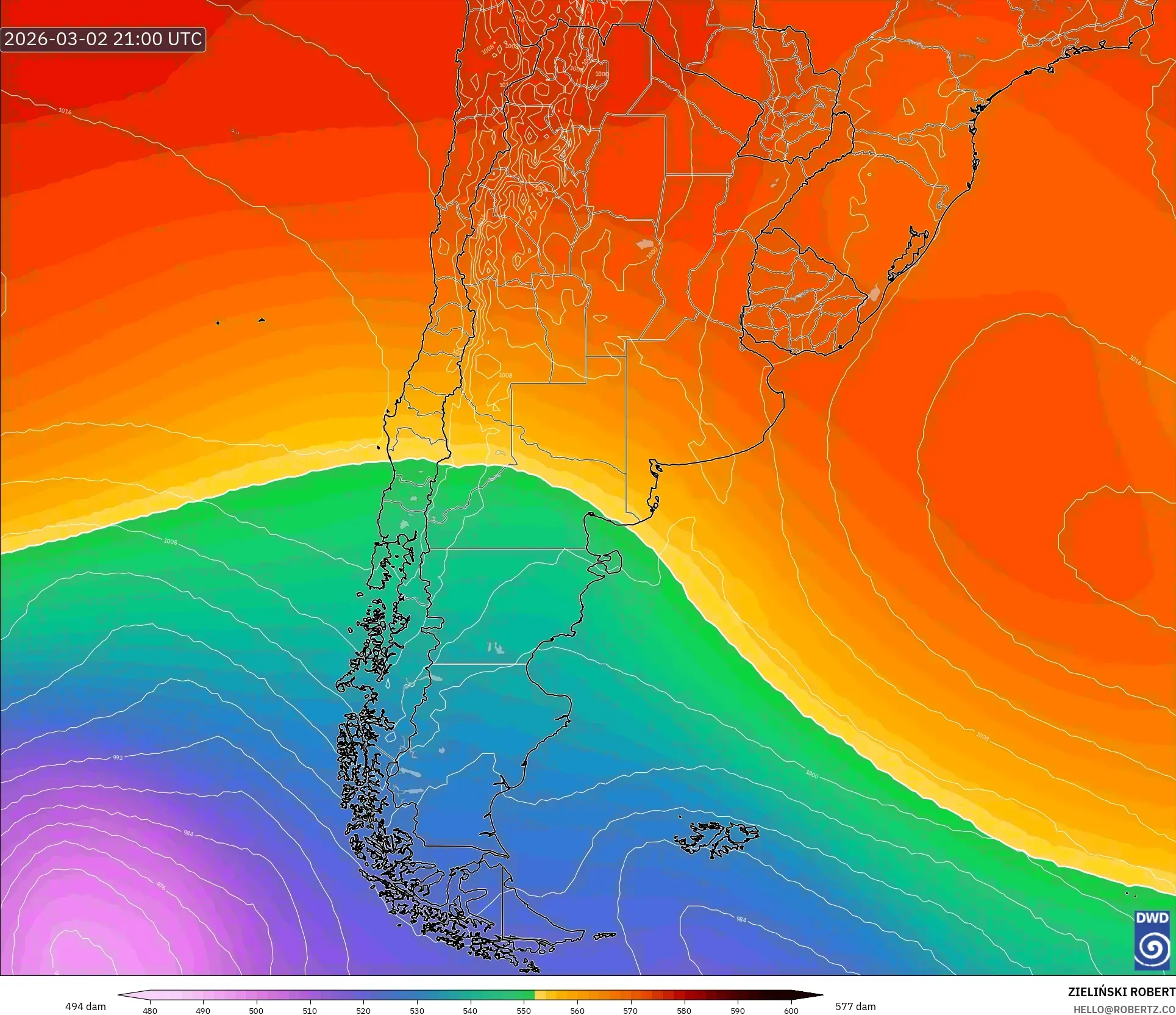 ICON model - Argentina, Altura geopotencial a 500 hPa