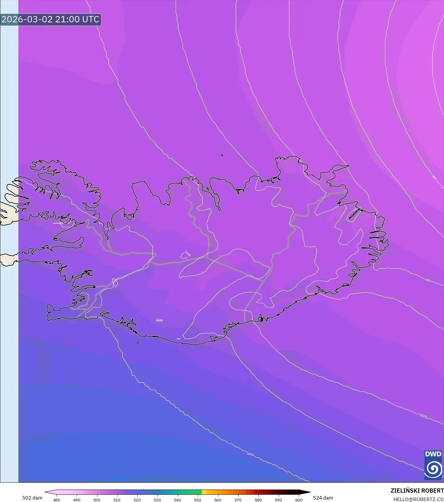 ICON model - Islandia, Altura geopotencial a 500 hPa