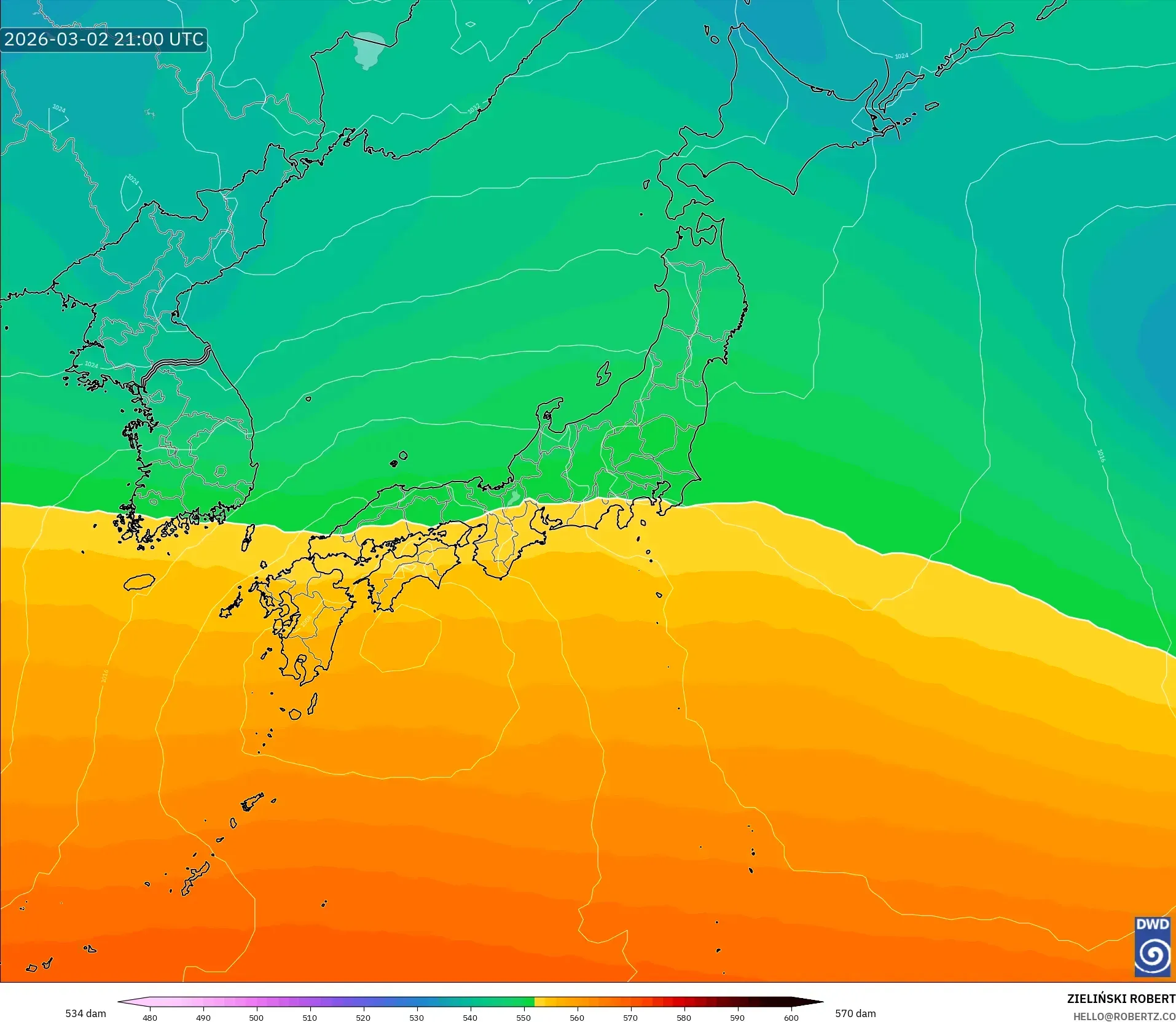 ICON model - Japón, Altura geopotencial a 500 hPa