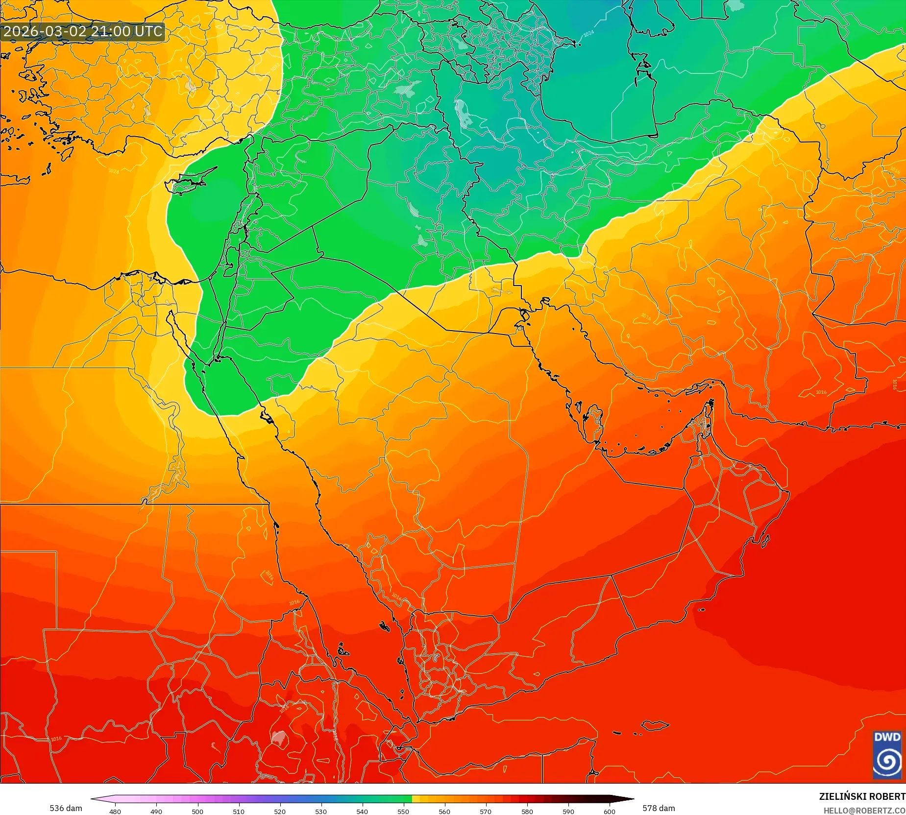 ICON model - Oriente Medio, Altura geopotencial a 500 hPa