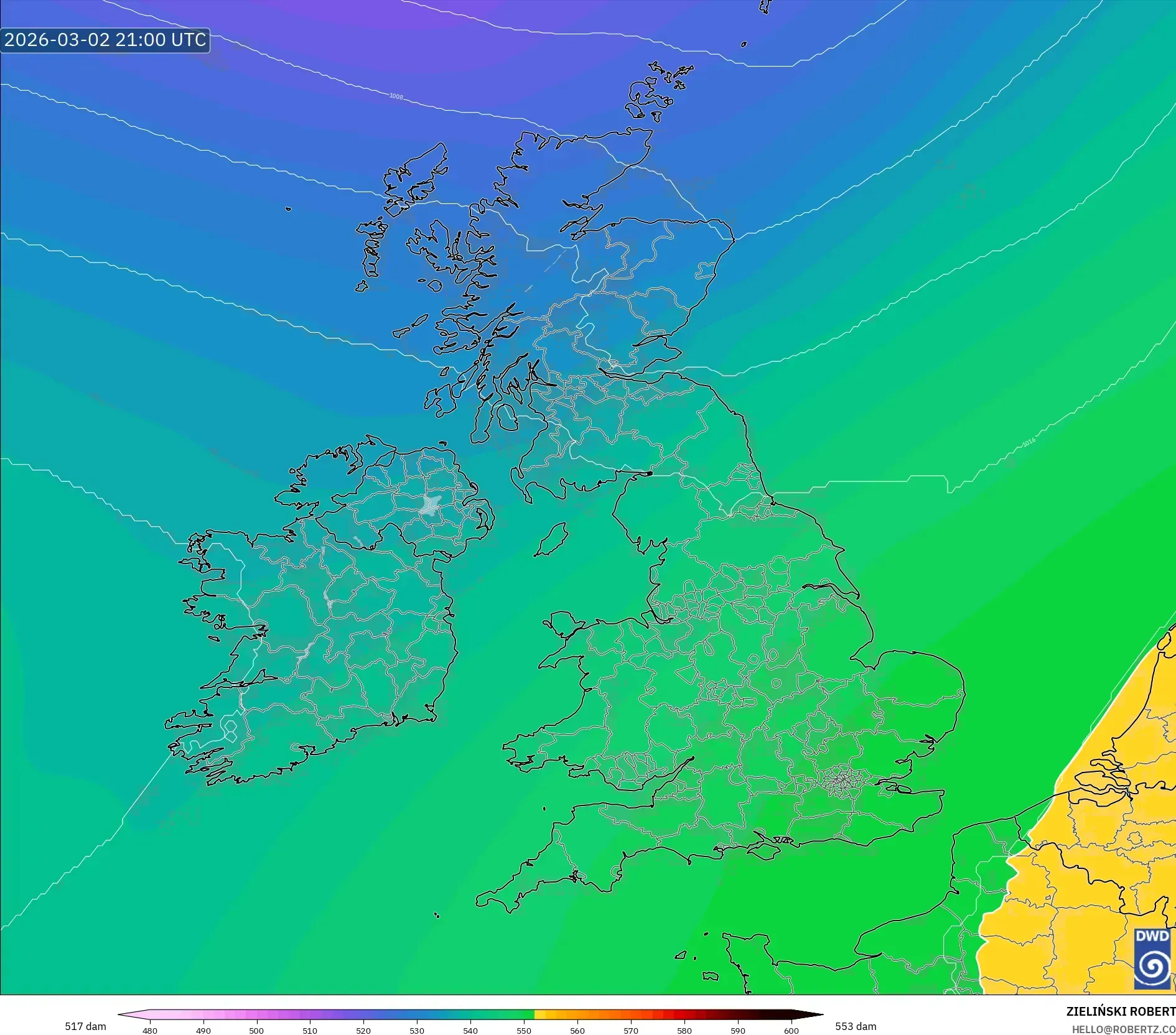 ICON model - Reino Unido, Altura geopotencial a 500 hPa