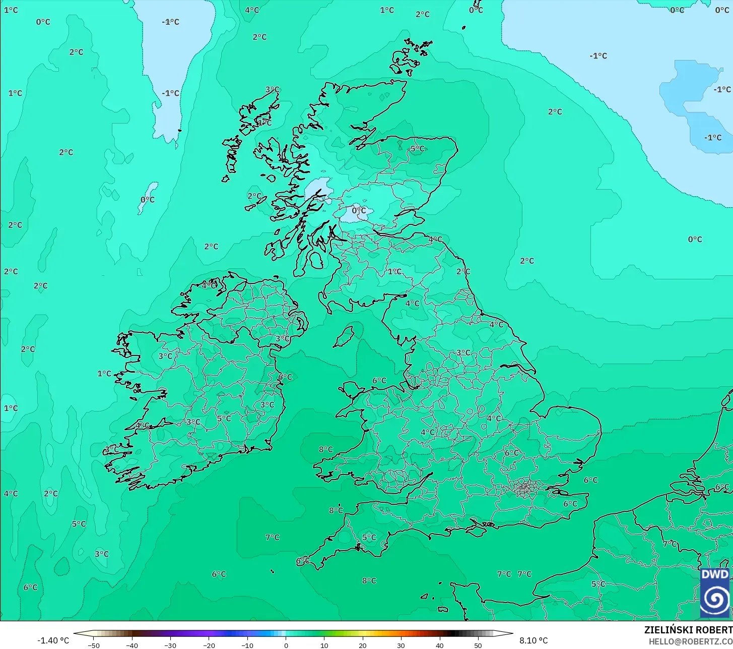 ICON modelo - Reino Unido, Temperatura a 850 hPa