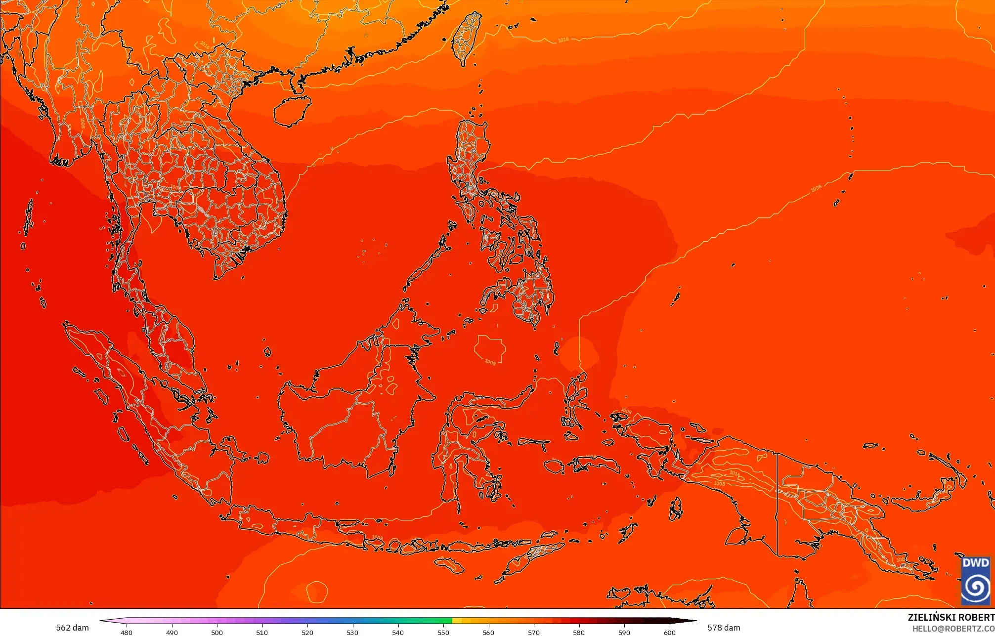 ICON modelo - Sudeste Asiático, Altura geopotencial a 500 hPa