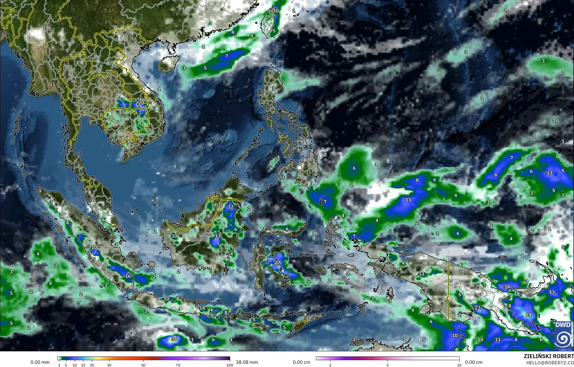 ICON modelo - Sudeste Asiático, Precipitación, nubes y presión