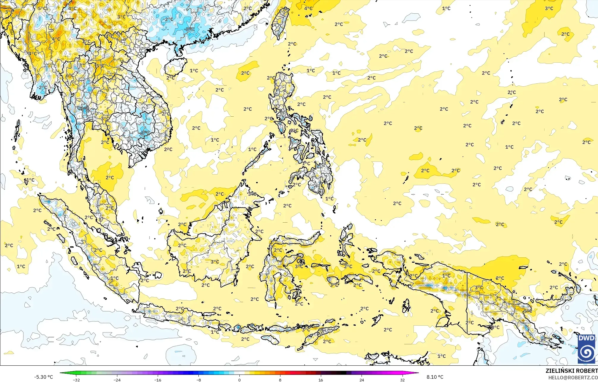 ICON modelo - Sudeste Asiático, Anomalía de temperatura a 2 m