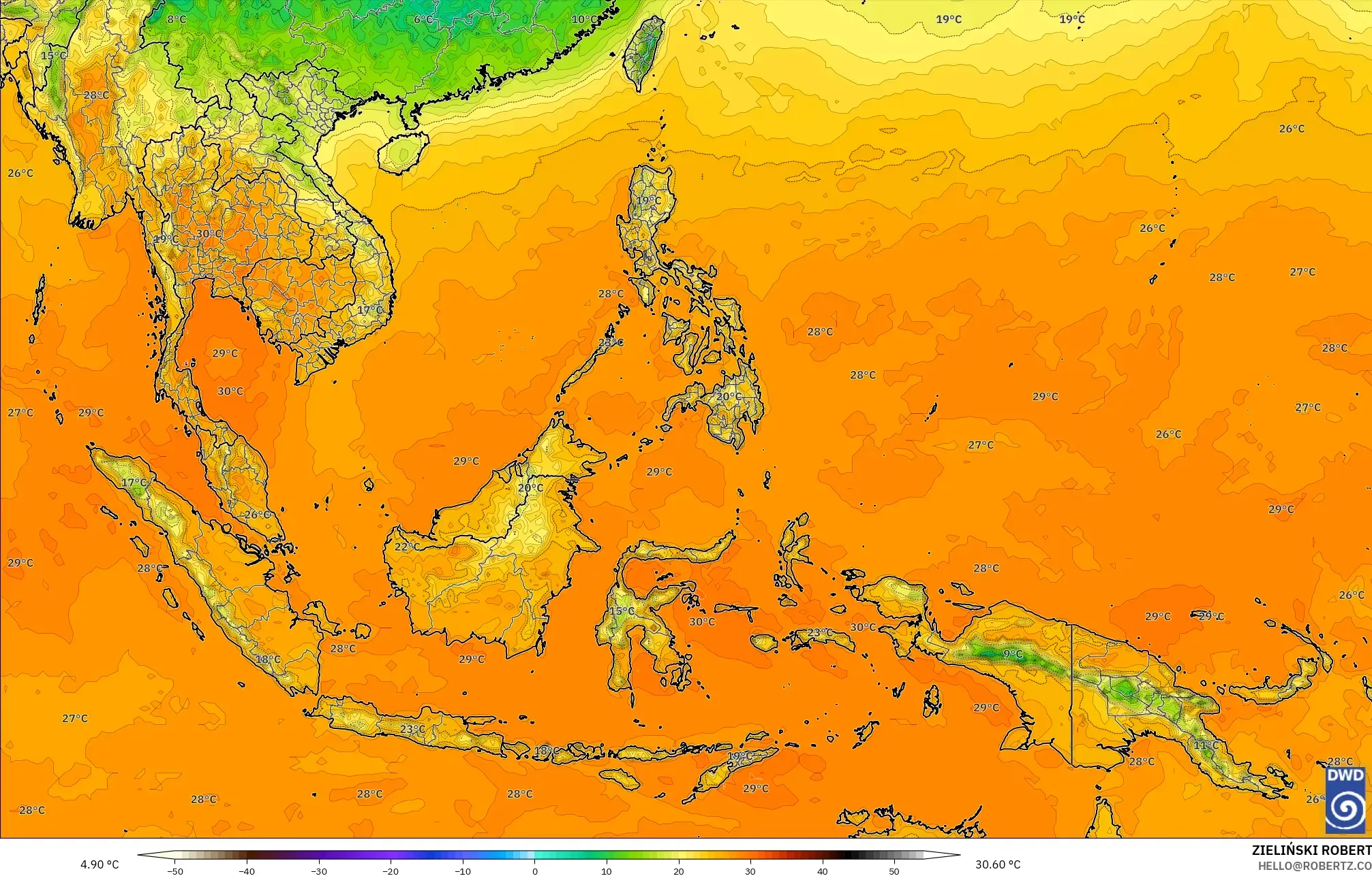 ICON modelo - Sudeste Asiático, Temperatura a 2 m