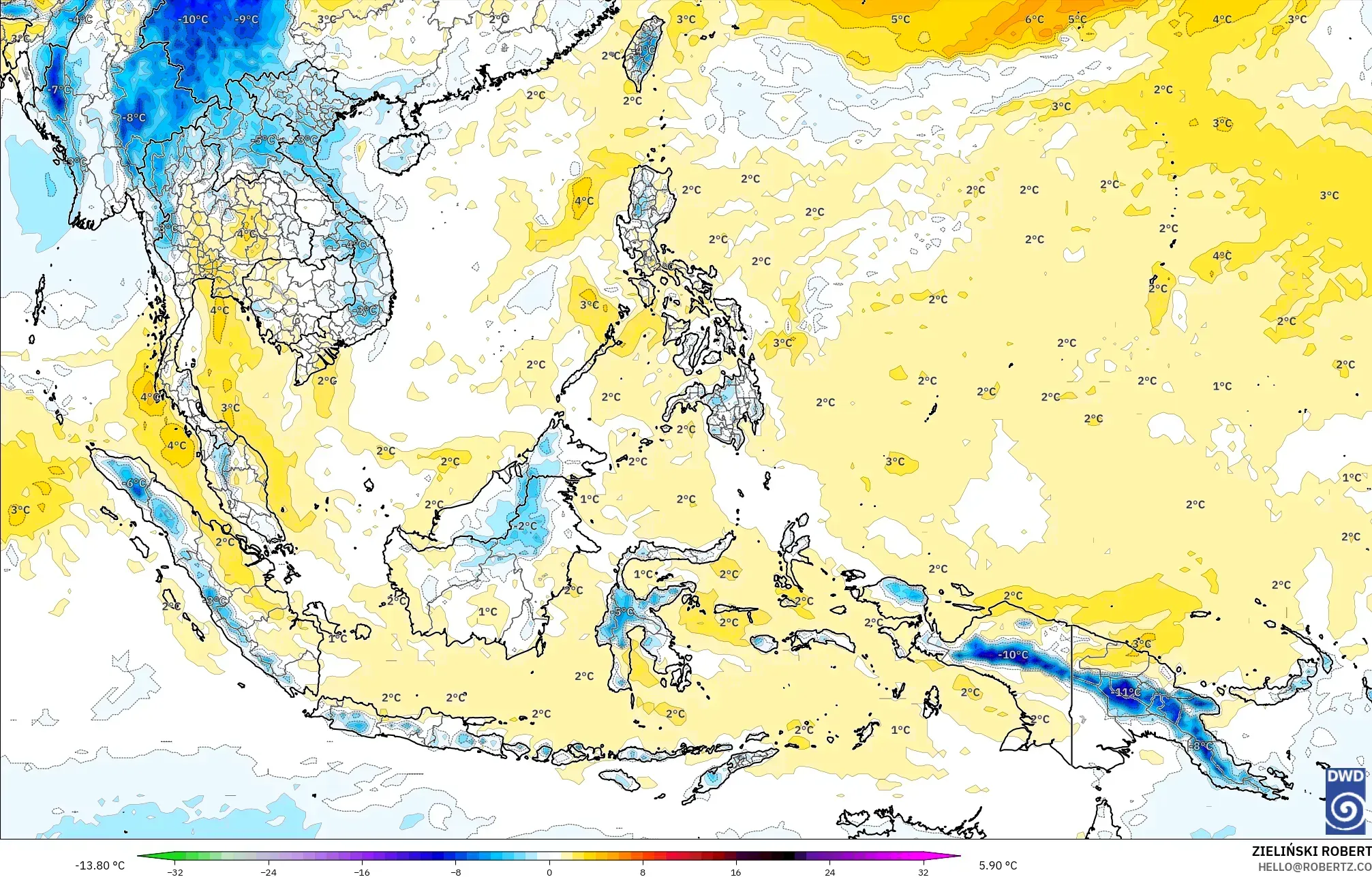 ICON modelo - Sudeste Asiático, Anomalía de temperatura a 850 hPa