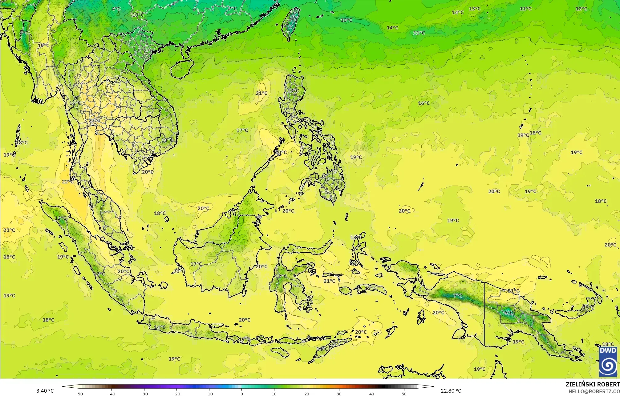 ICON modelo - Sudeste Asiático, Temperatura a 850 hPa