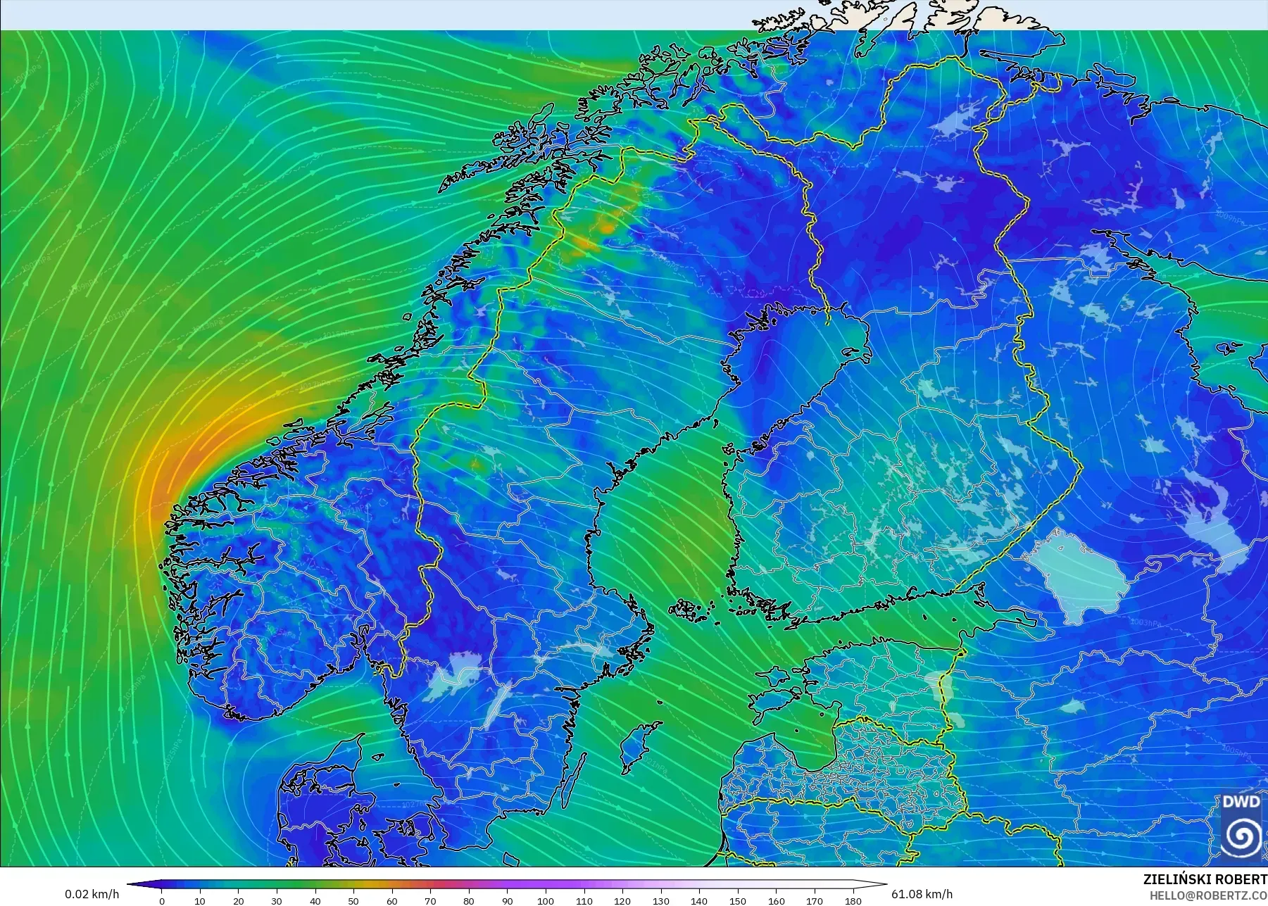ICON modelo - Escandinavia, Viento a 10 m