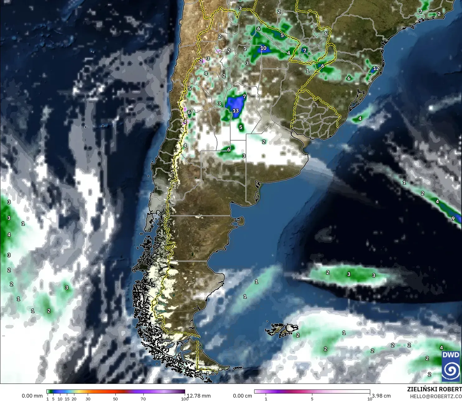 ICON modelo - Argentina, Precipitación, nubes y presión