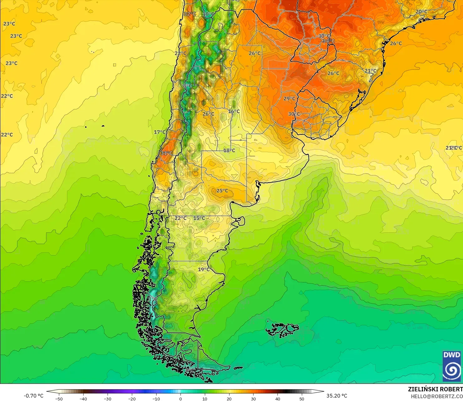 ICON modelo - Argentina, Temperatura a 2 m
