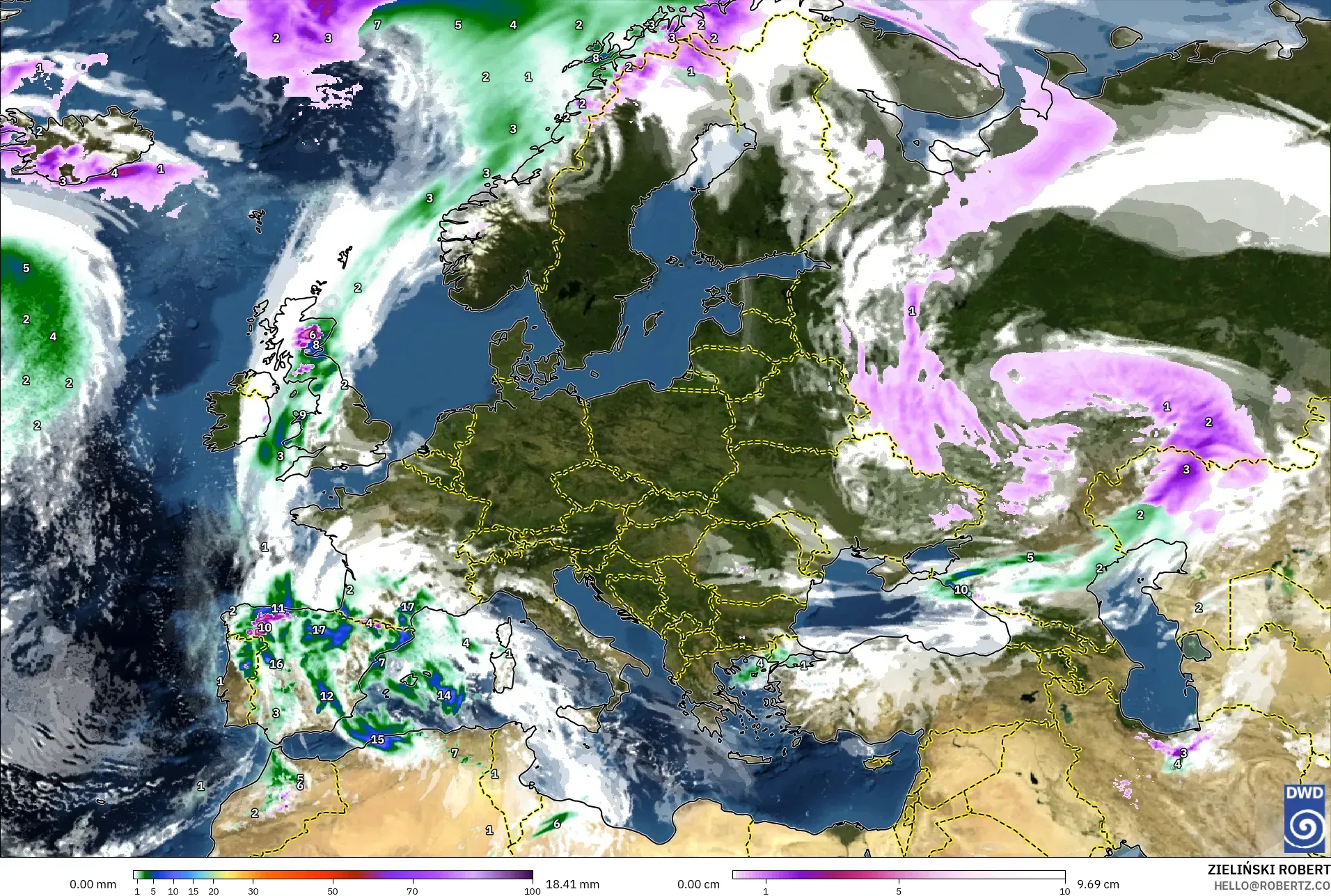 ICON modelo - Europa, Precipitación, nubes y presión