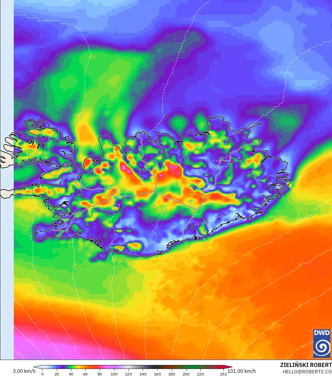ICON modelo - Islandia, Ráfagas de viento