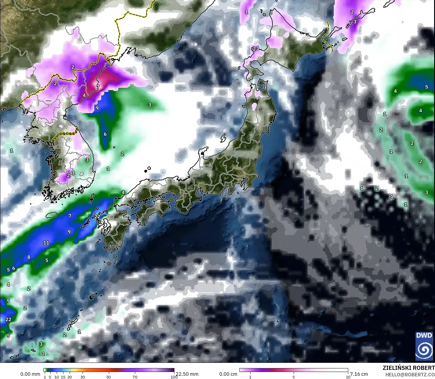 ICON modelo - Japón, Precipitación, nubes y presión
