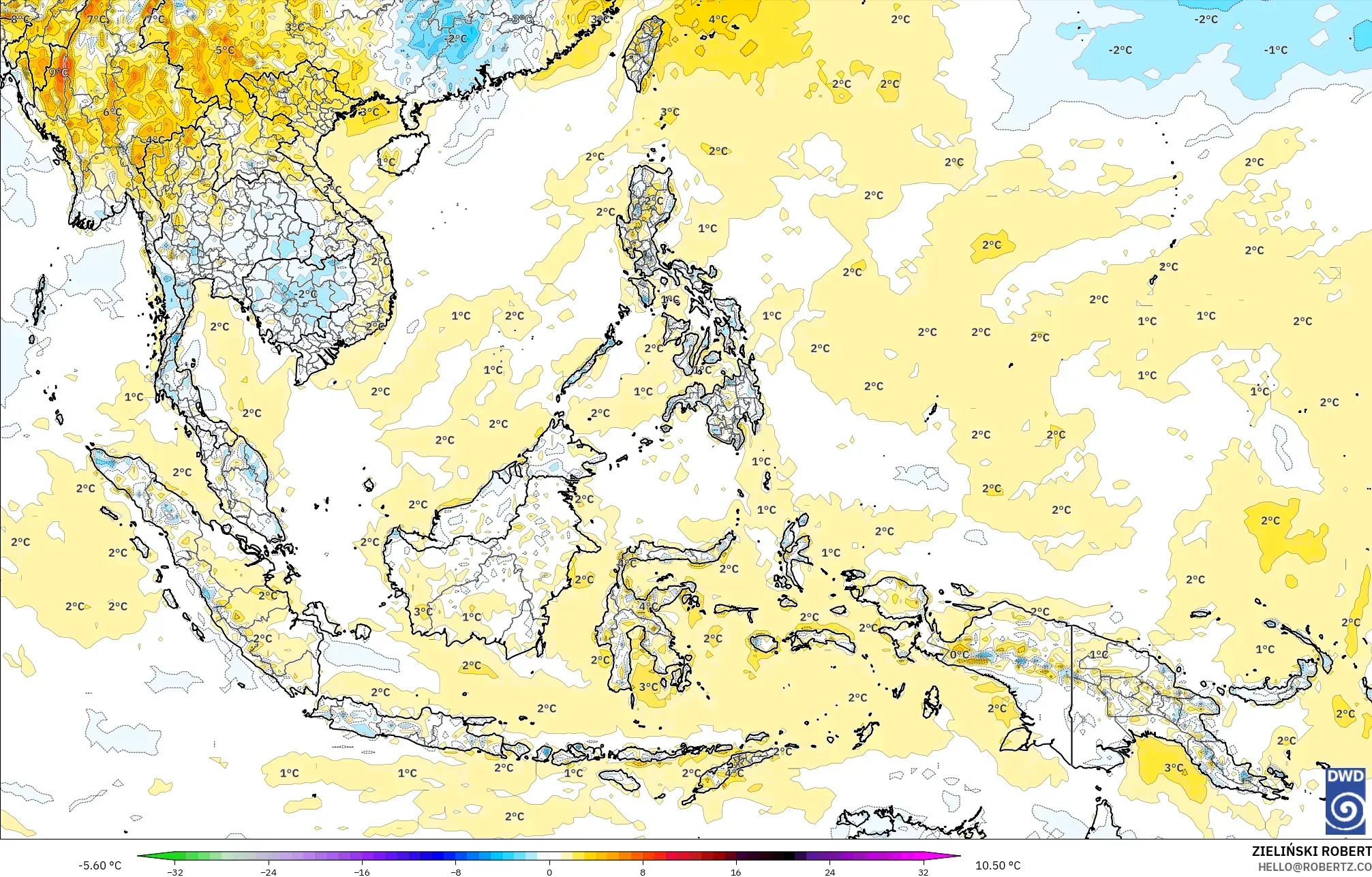 ICON modelo - Sudeste Asiático, Anomalía de temperatura a 2 m