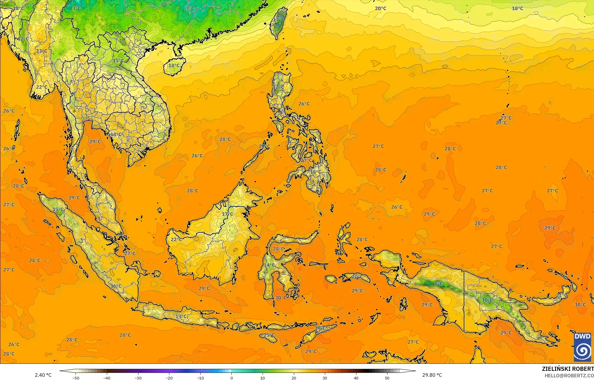 ICON modelo - Sudeste Asiático, Temperatura a 2 m