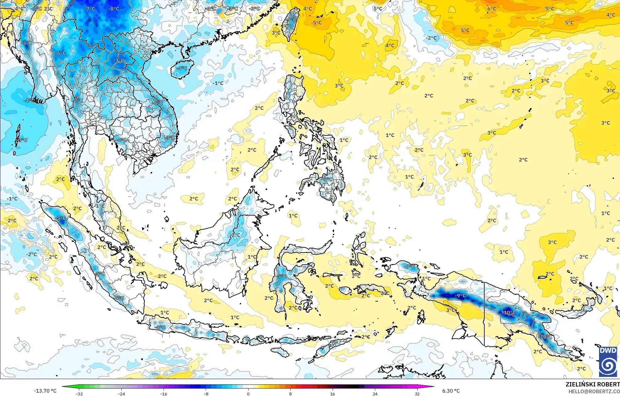 ICON modelo - Sudeste Asiático, Anomalía de temperatura a 850 hPa