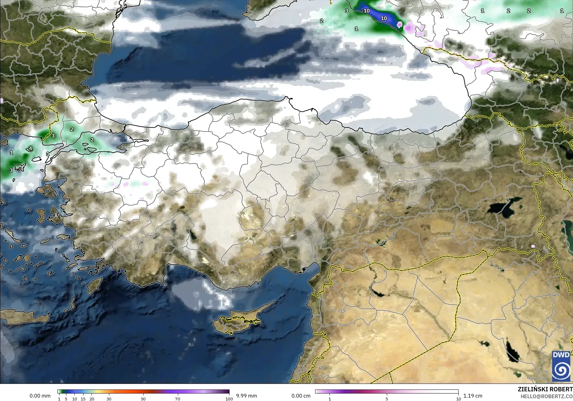 ICON modelo - Turquía, Precipitación, nubes y presión