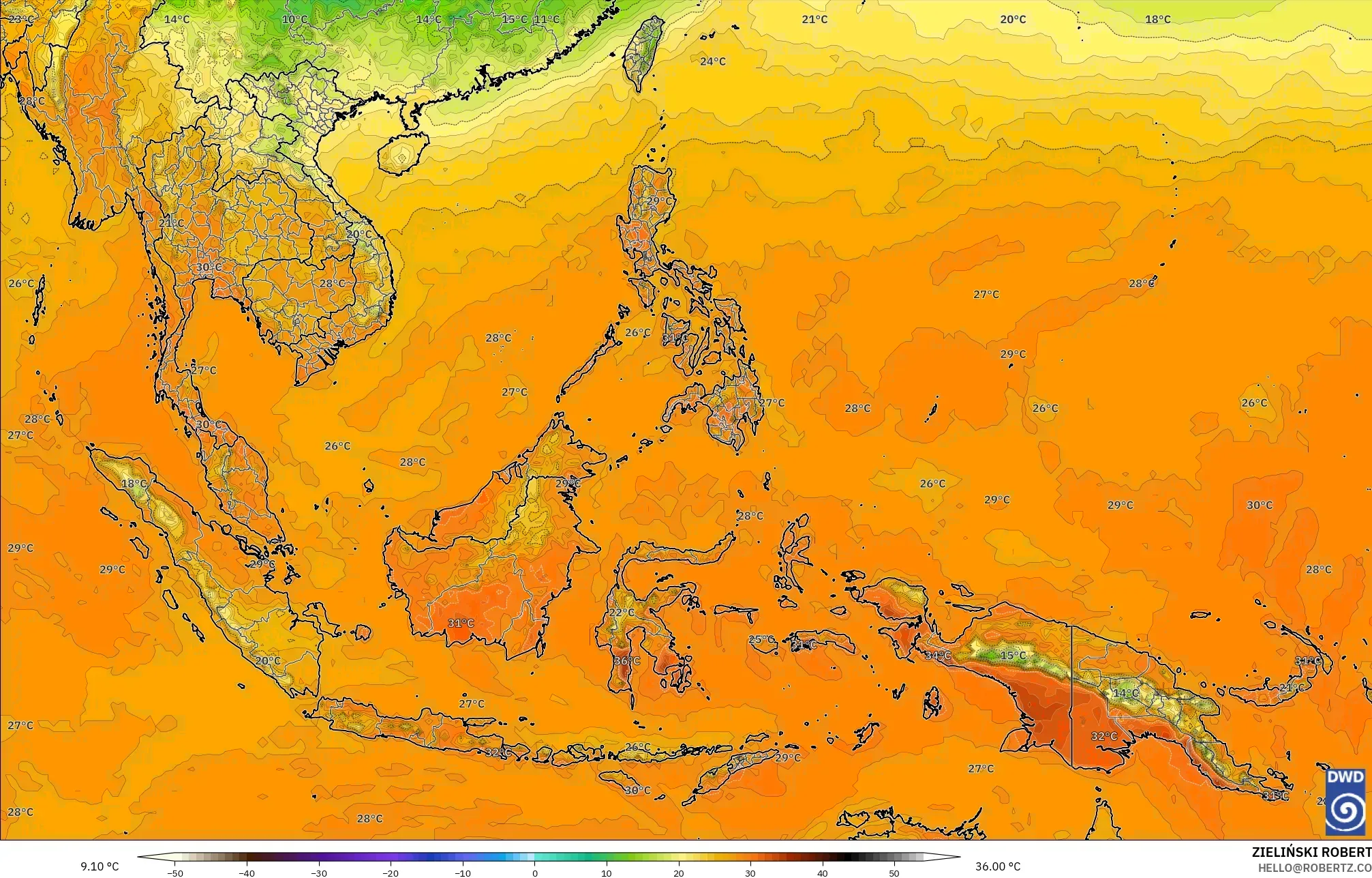 ICON modelo - Sudeste Asiático, Temperatura a 2 m