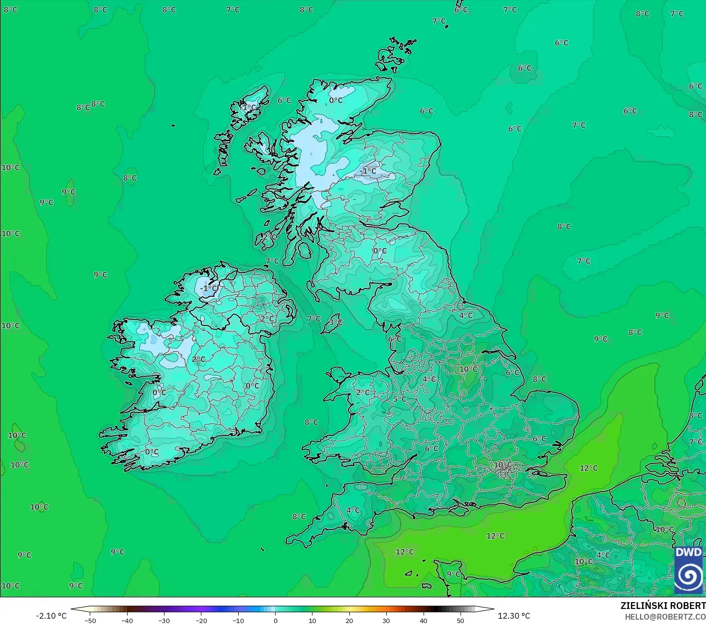 ICON modelo - Reino Unido, Temperatura a 2 m