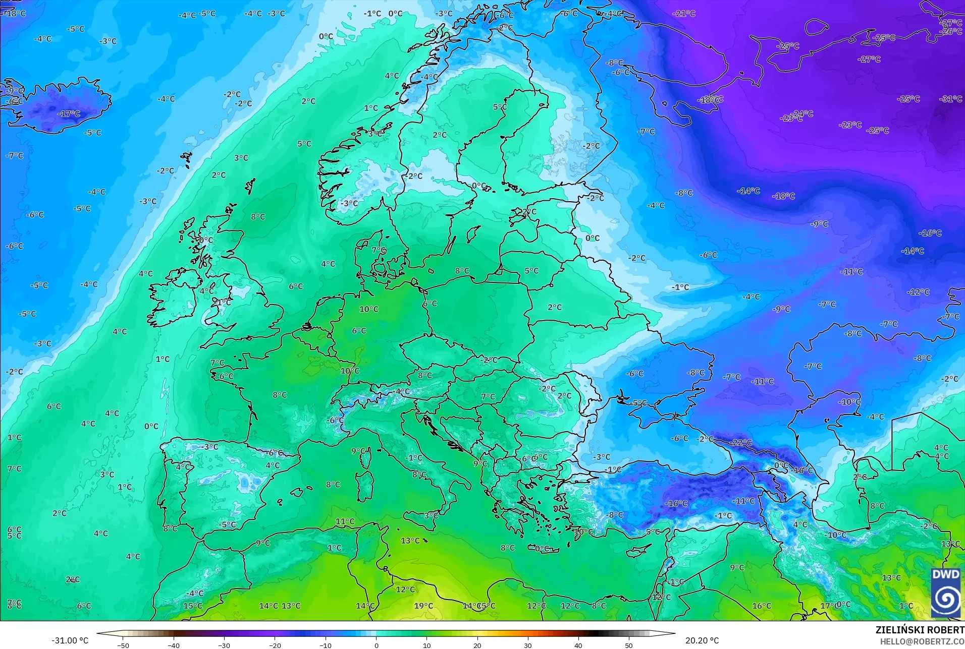 ICON modelo - Europa, Temperatura a 850 hPa