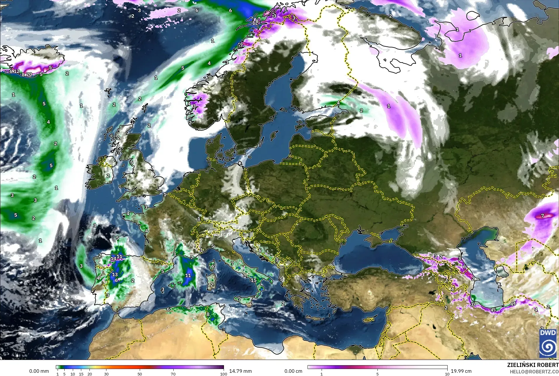 ICON modelo - Europa, Precipitación, nubes y presión