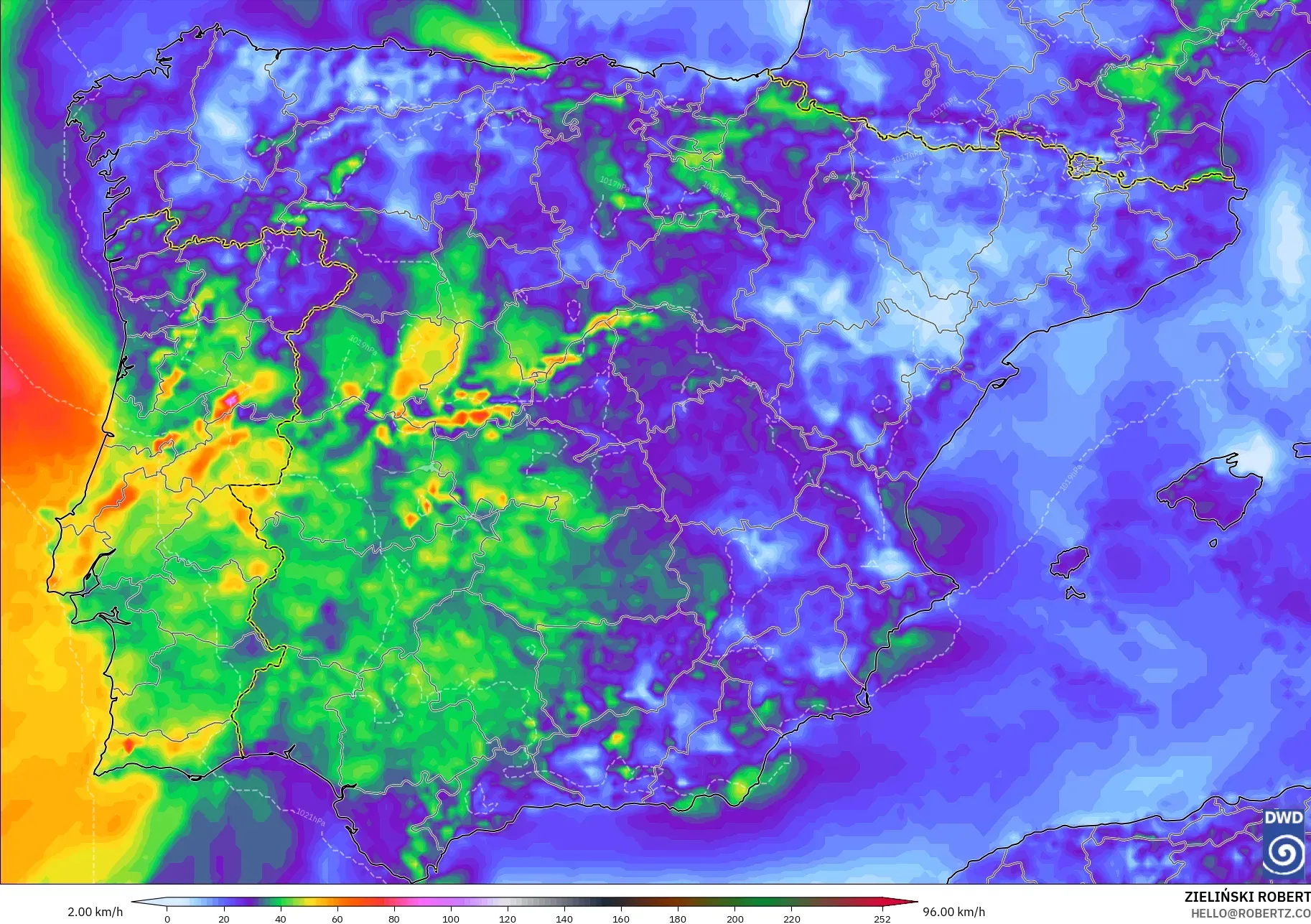 ICON modelo - España, Ráfagas de viento