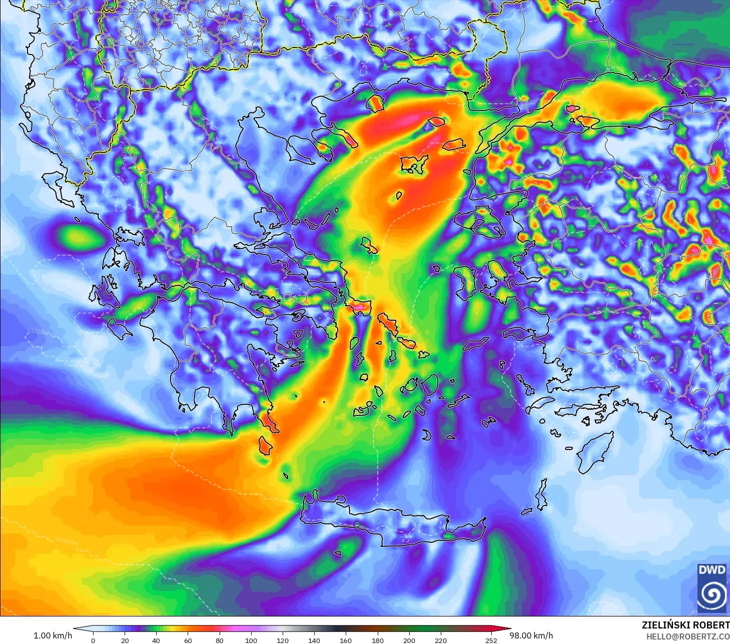 ICON modelo - Grecia, Ráfagas de viento
