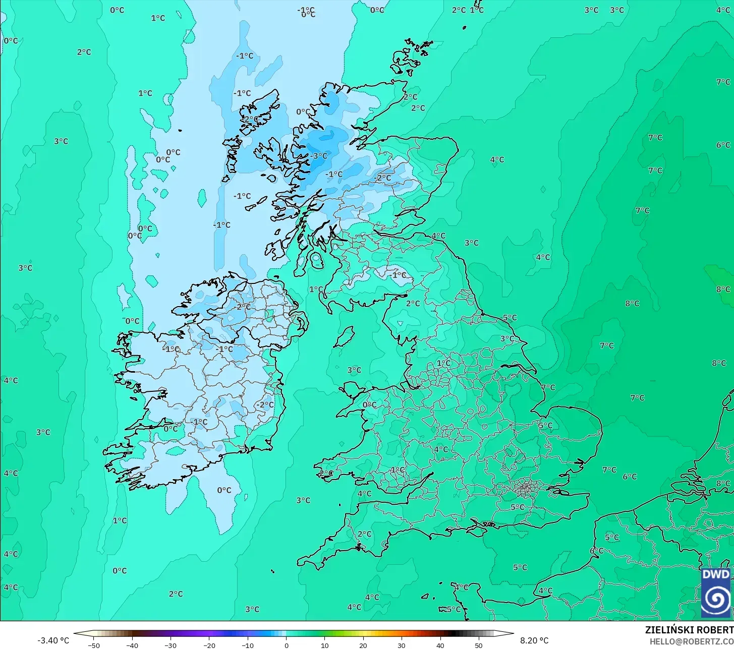 ICON modelo - Reino Unido, Temperatura a 850 hPa