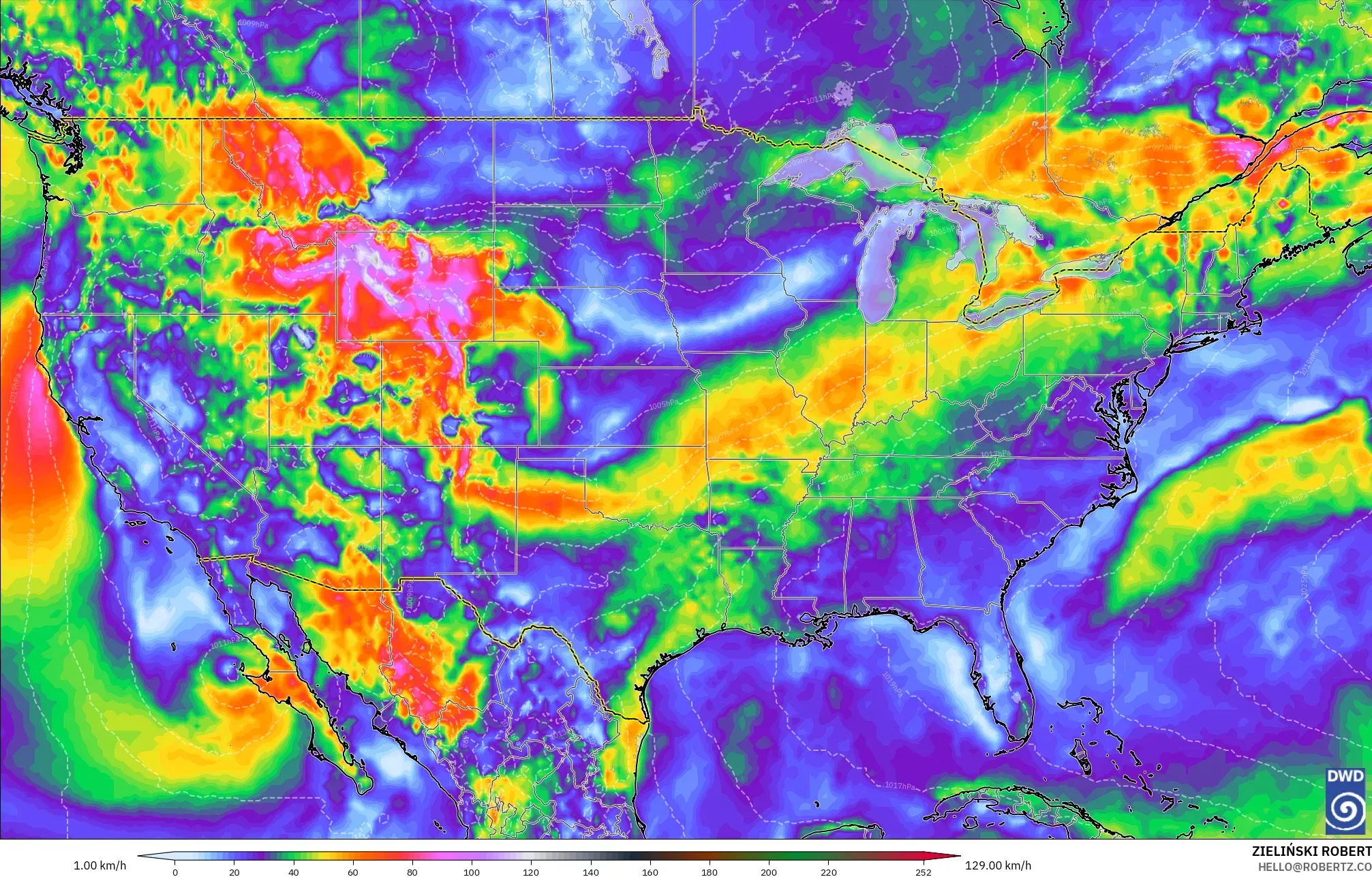 ICON modelo - Estados Unidos, Ráfagas de viento