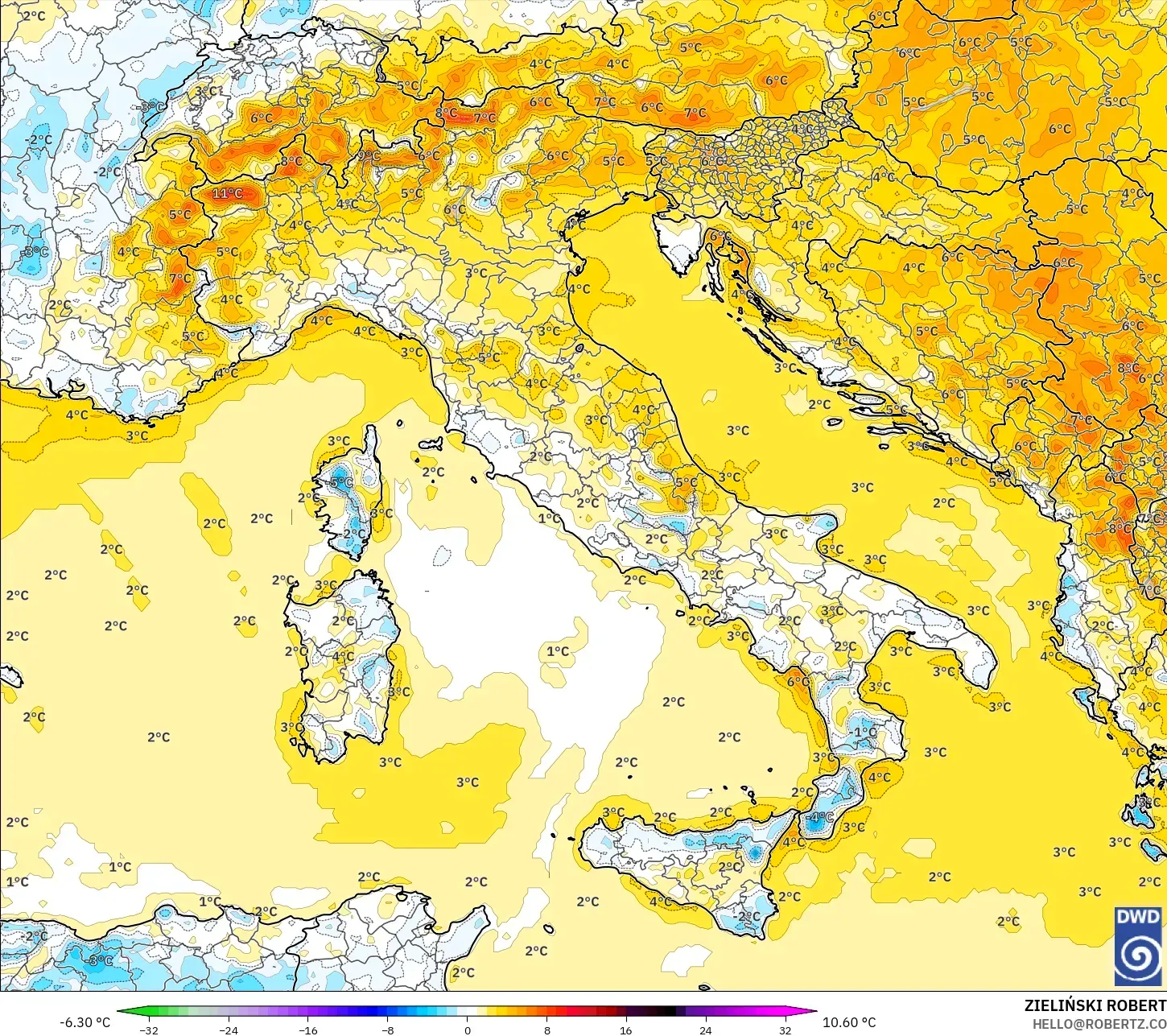 ICON modelo - Italia, Anomalía de temperatura a 2 m