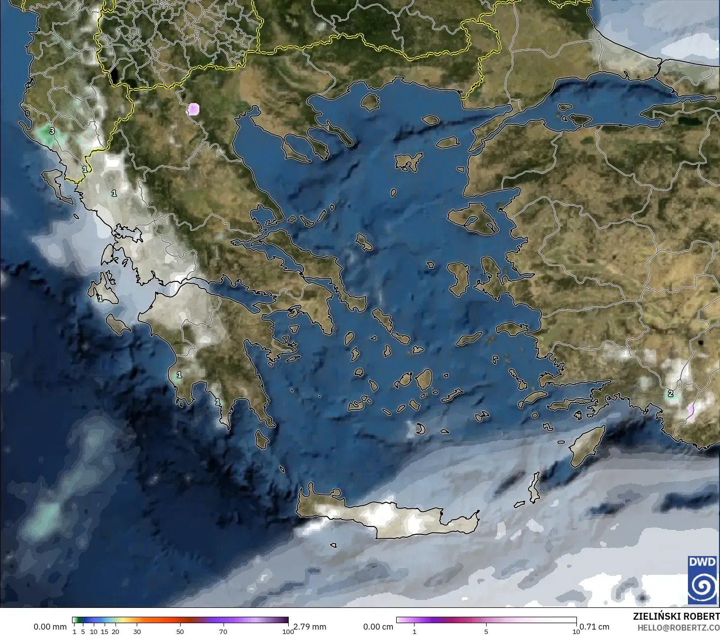 ICON modelo - Grecia, Precipitación, nubes y presión