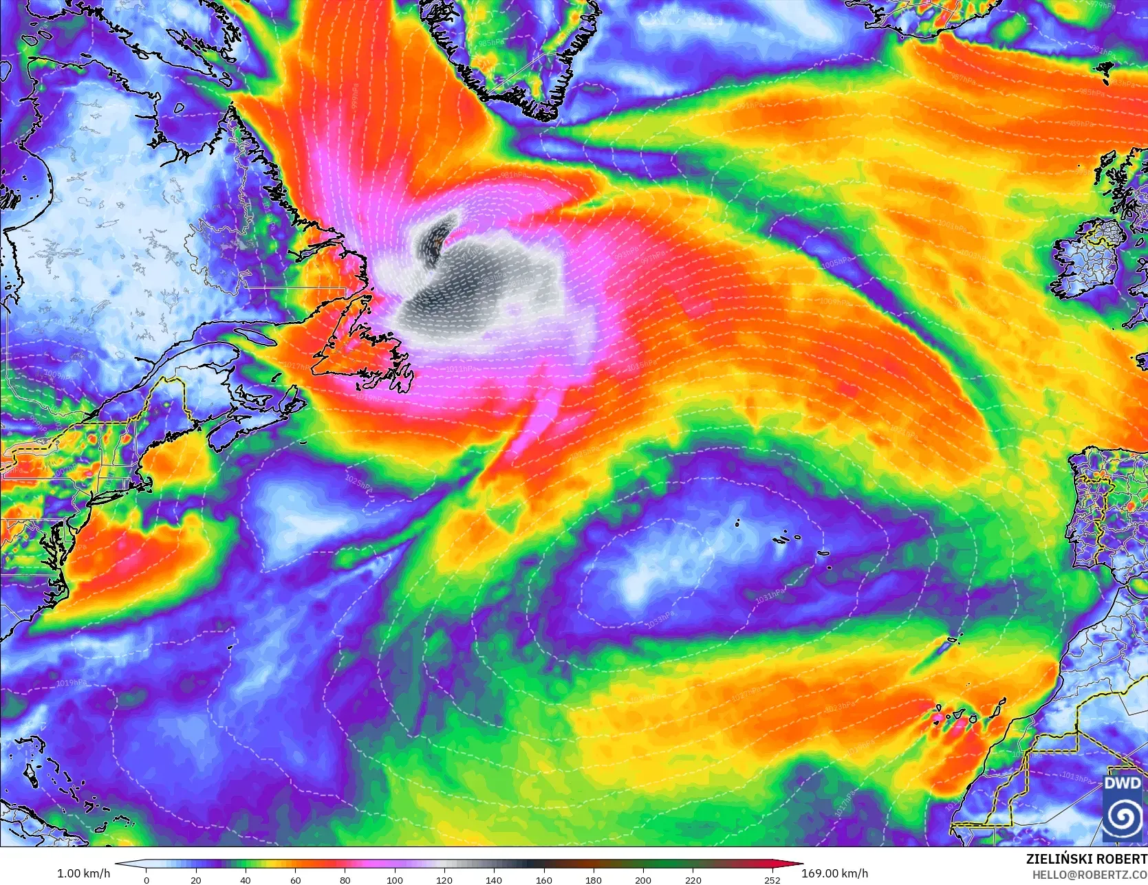 ICON modelo - Norte Atlántico, Ráfagas de viento