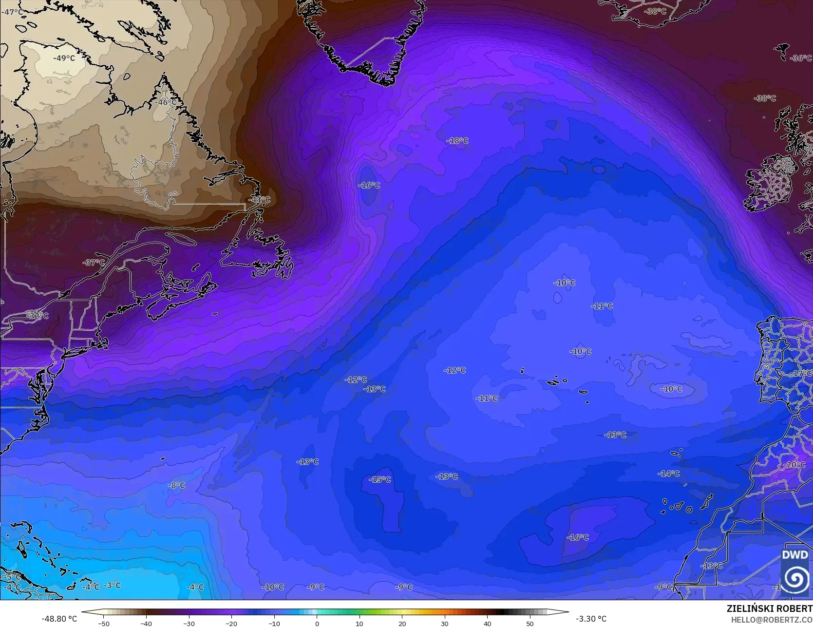 ICON modelo - Norte Atlántico, Temperatura a 500 hPa