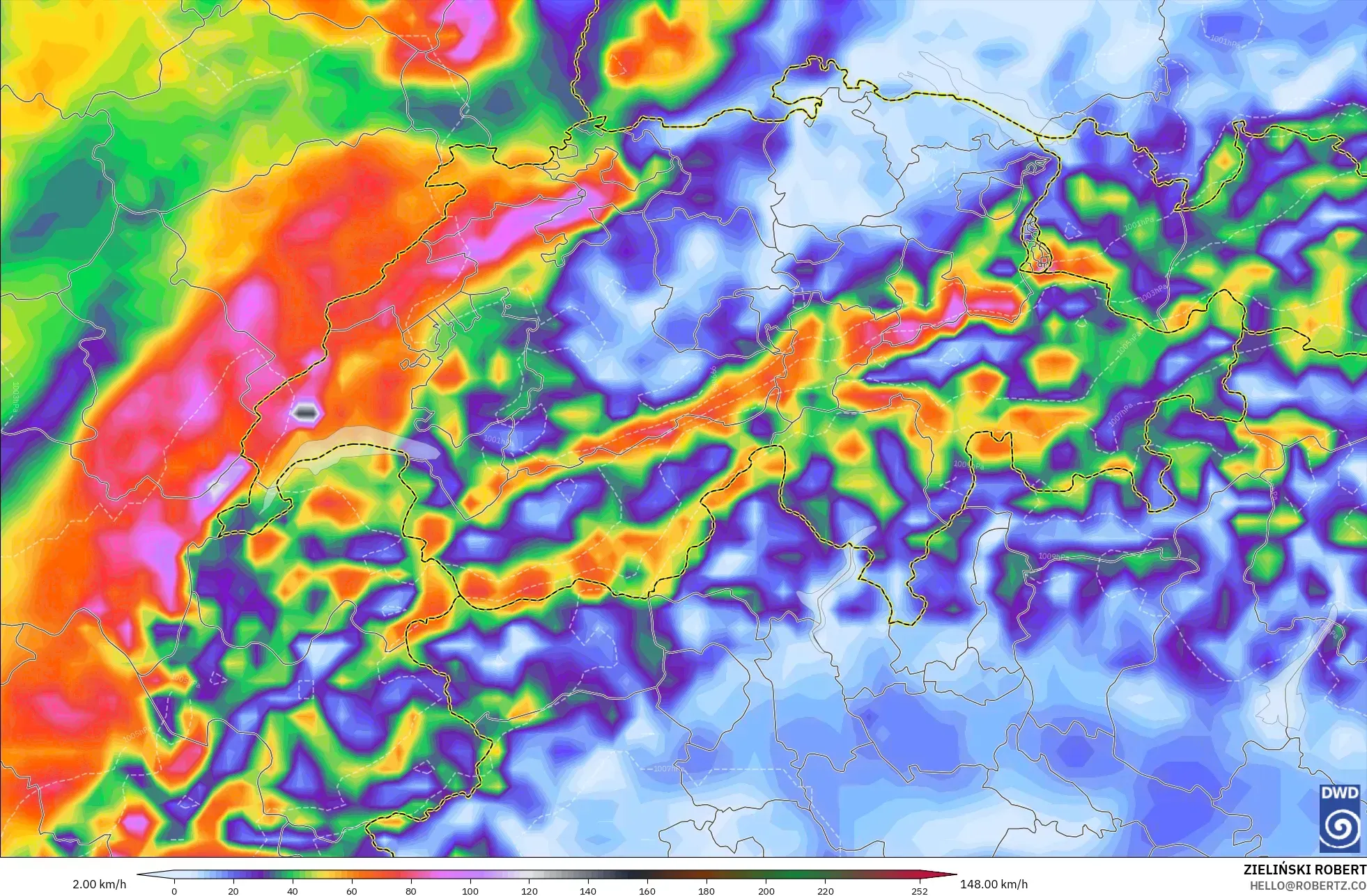 ICON modelo - Suiza, Ráfagas de Viento Máximas