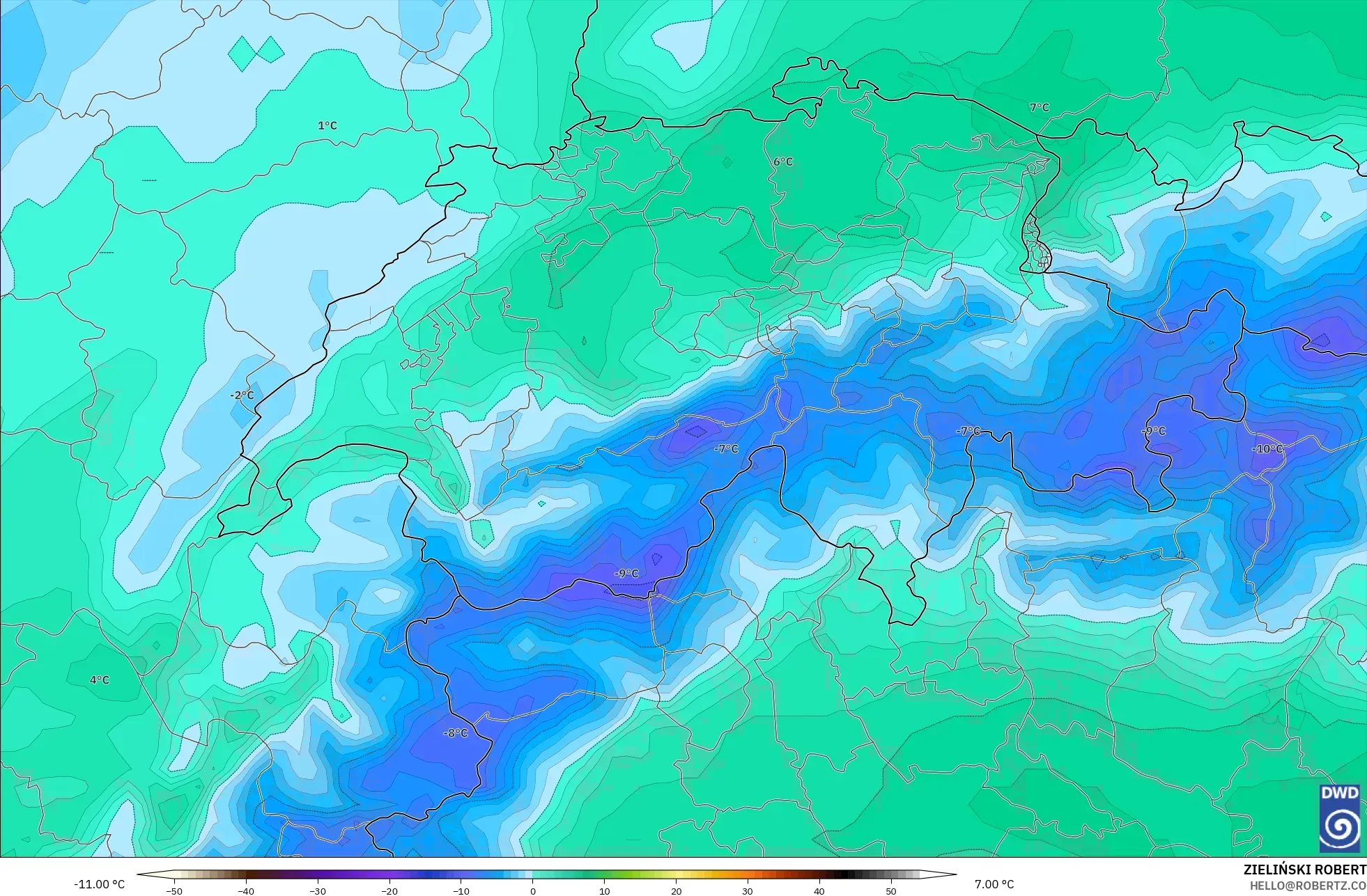 ICON modelo - Suiza, Temperatura a 850 hPa