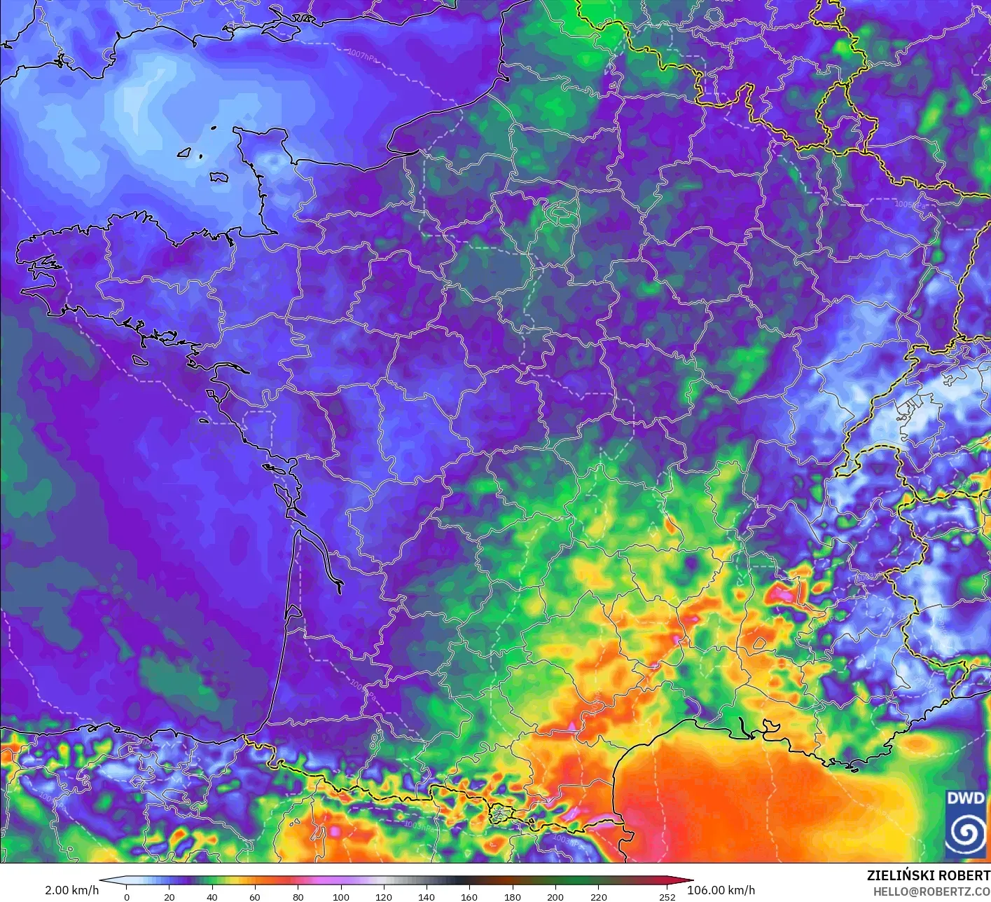 ICON modelo - Francia, Ráfagas de viento