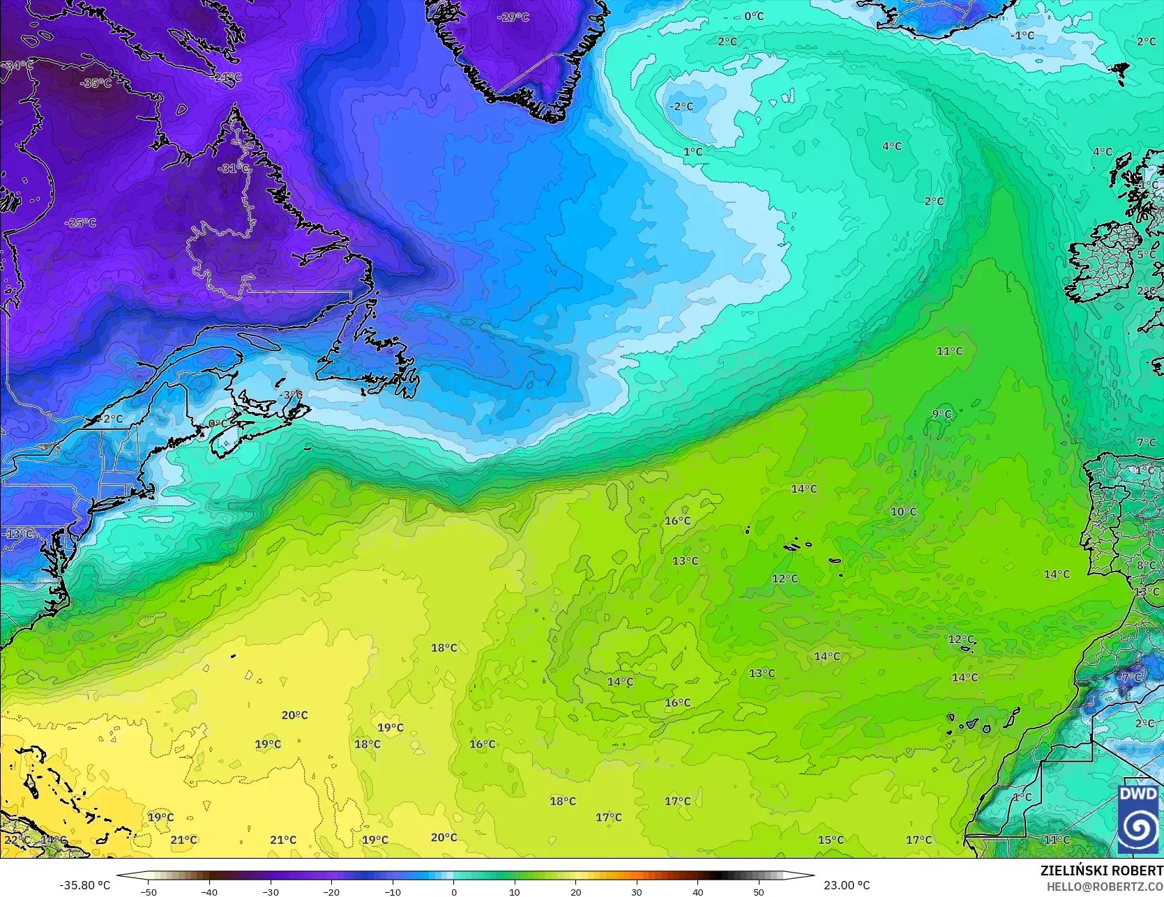 ICON modelo - Norte Atlántico, Punto de rocío a 2 m
