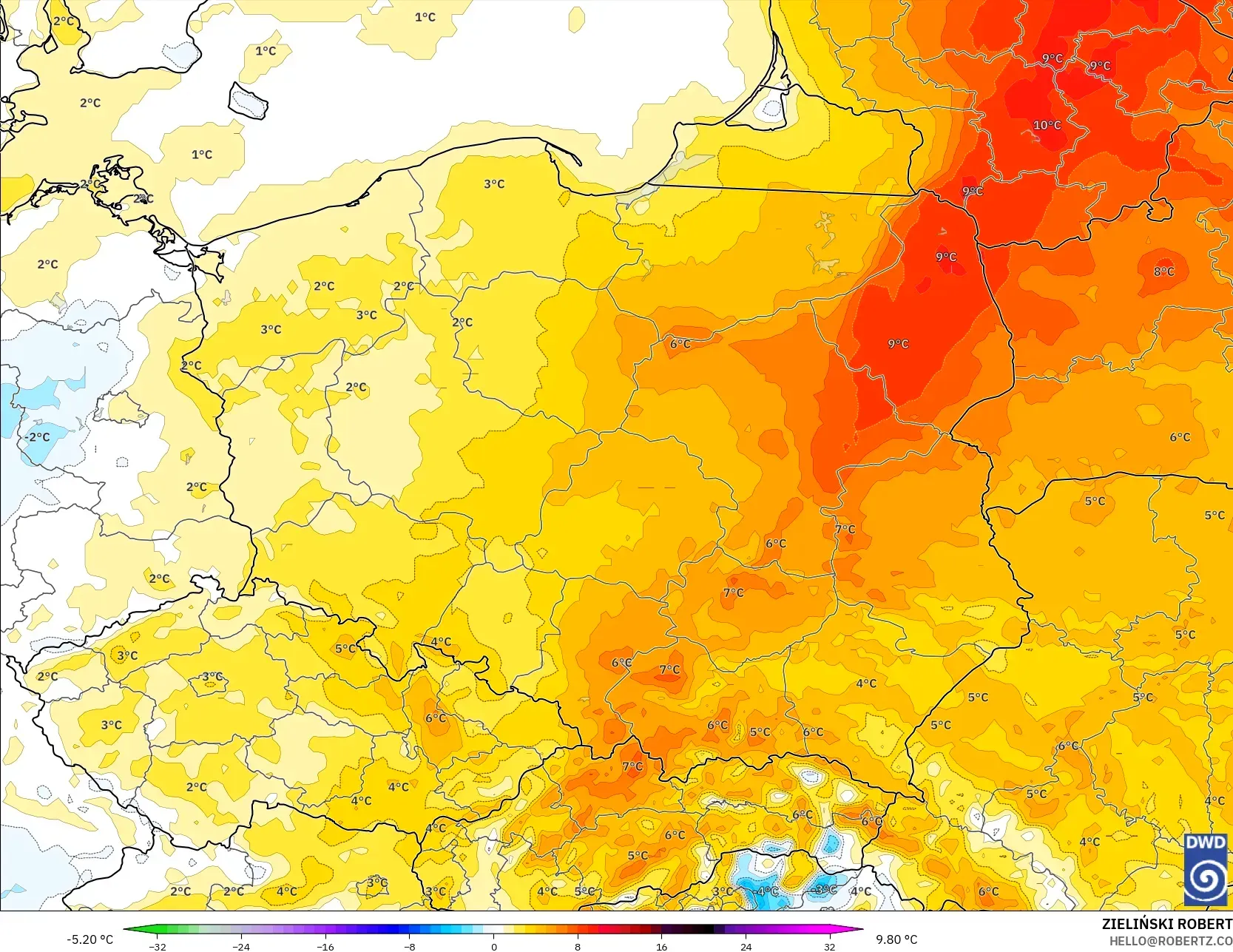 ICON modelo - Polonia, Anomalía de temperatura a 2 m