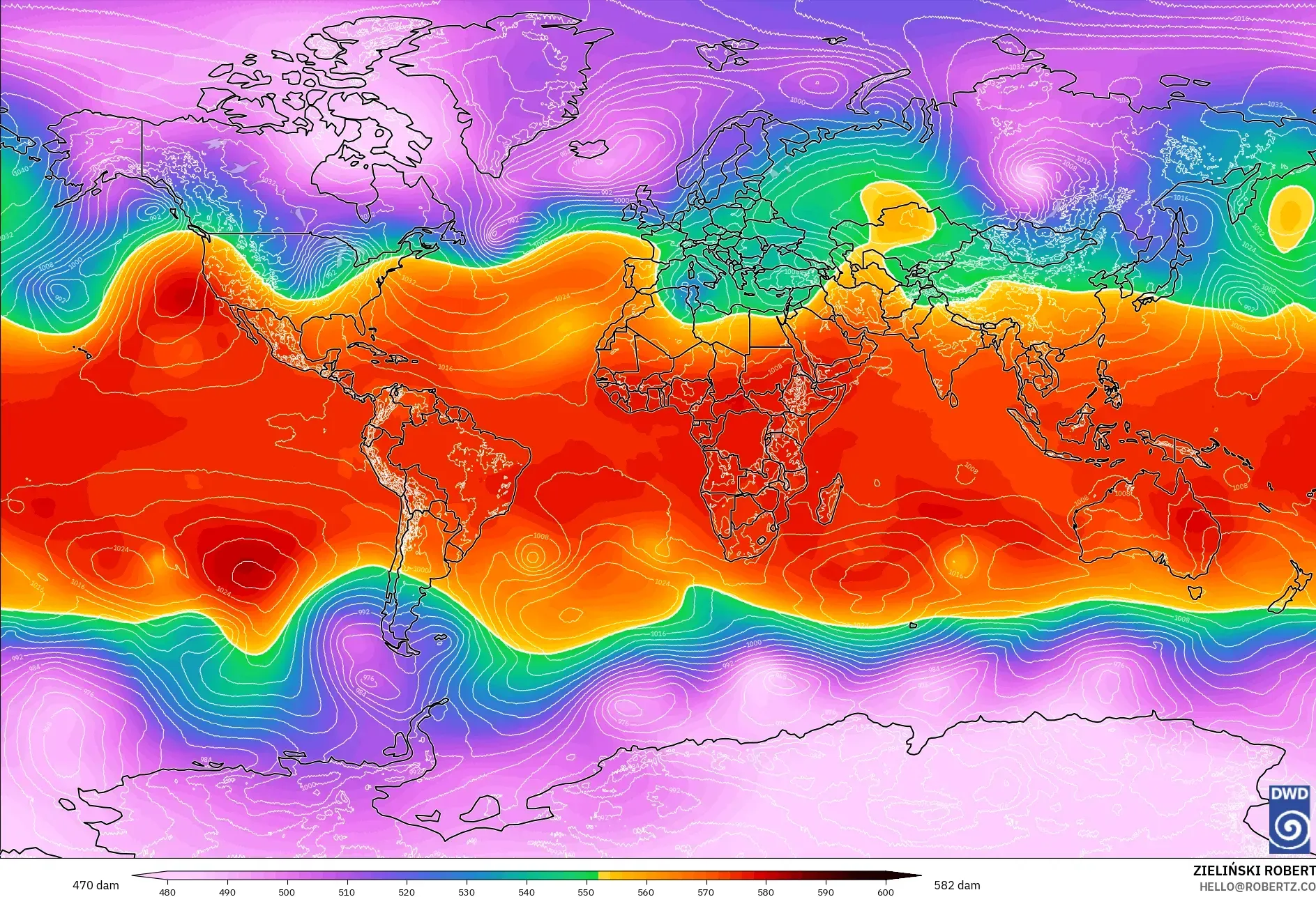 ICON modelo - Mundo, Altura geopotencial a 500 hPa