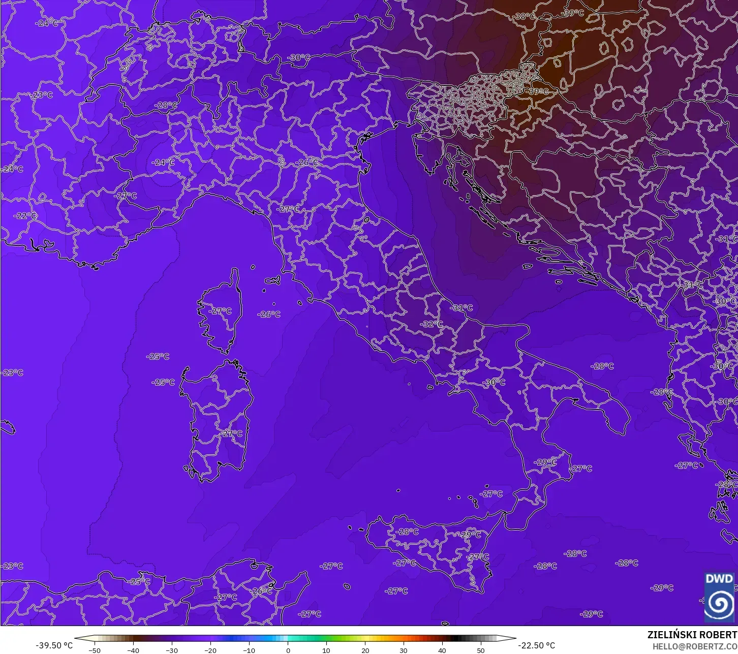 ICON modelo - Italia, Temperatura a 500 hPa