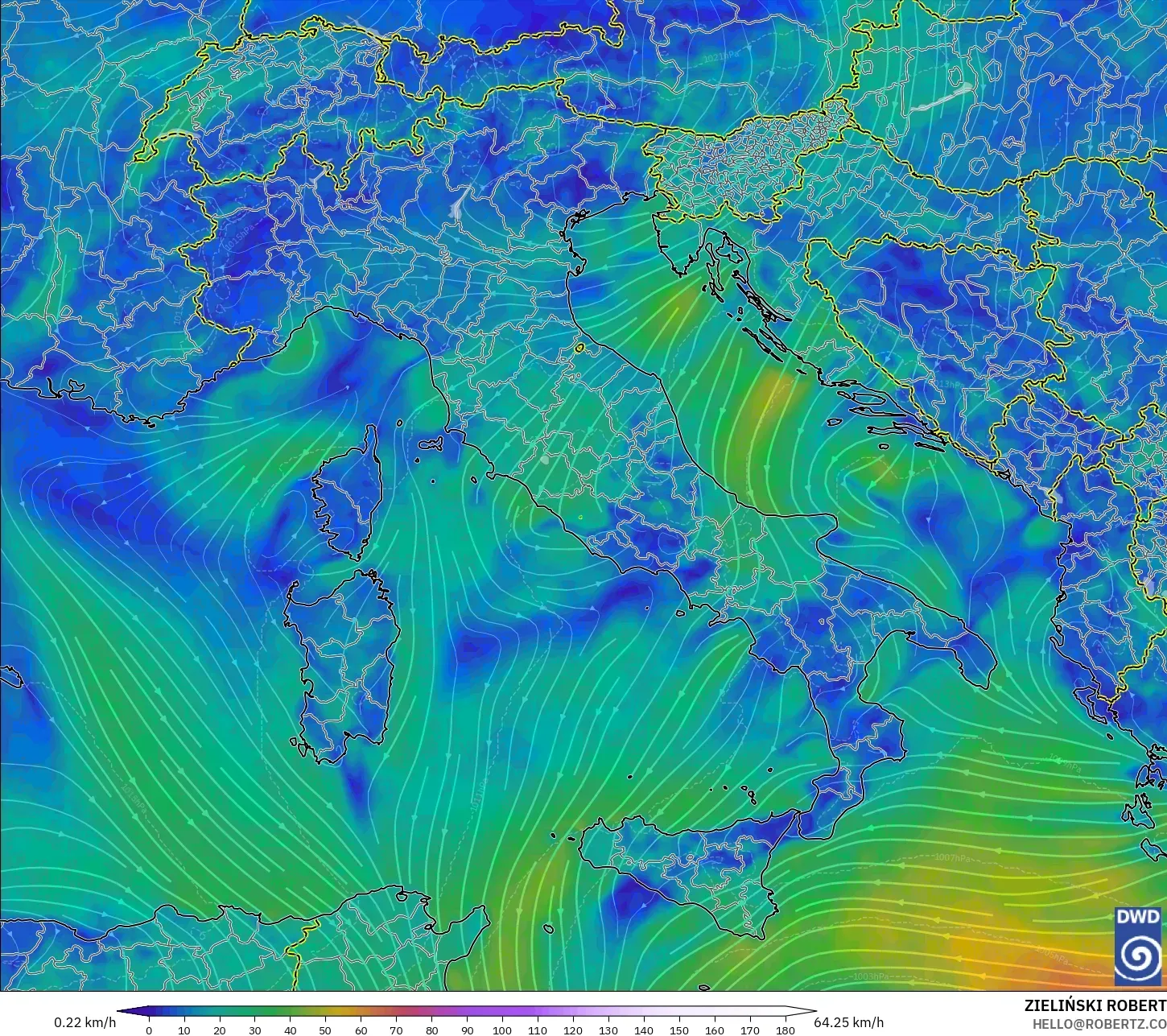 ICON modelo - Italia, Viento a 10 m