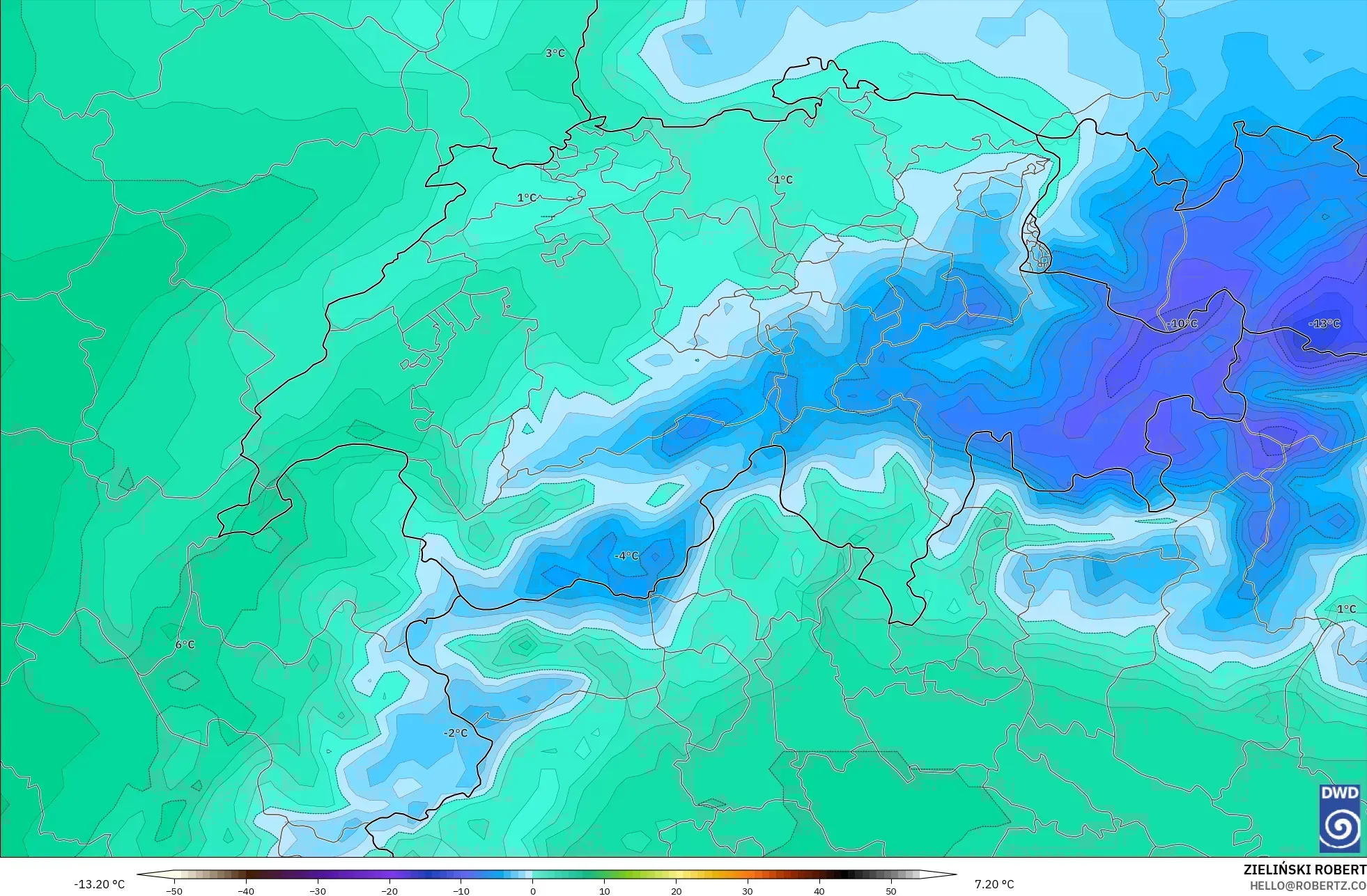 ICON modelo - Suiza, Temperatura a 850 hPa