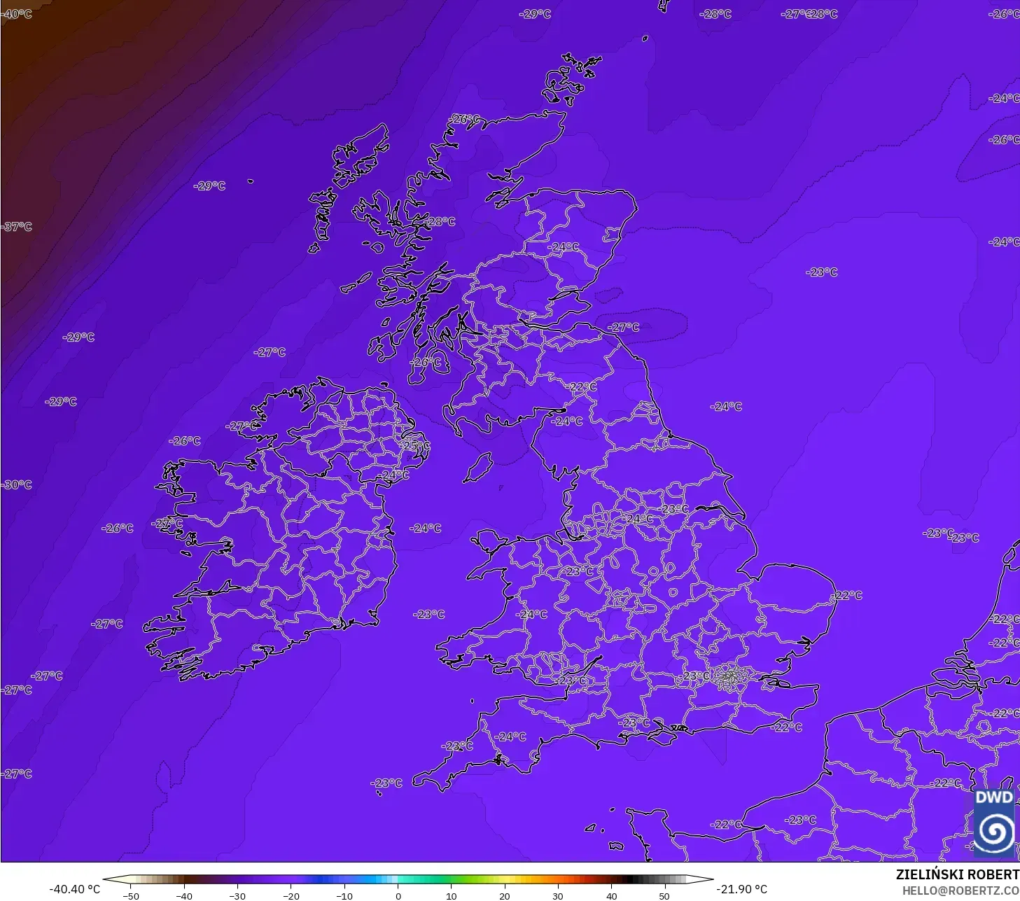 ICON modelo - Reino Unido, Temperatura a 500 hPa