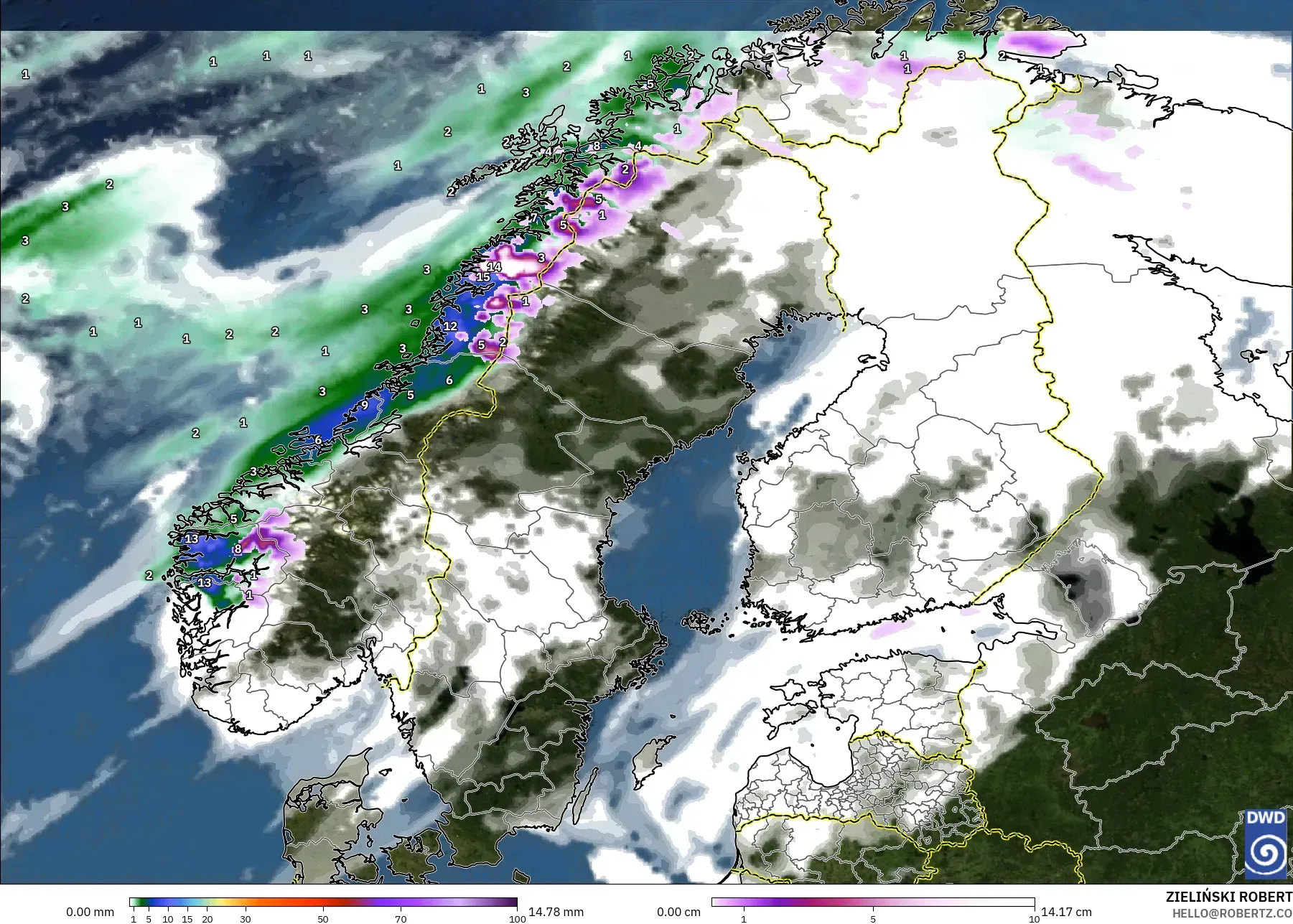 ICON modelo - Escandinavia, Precipitación, nubes y presión