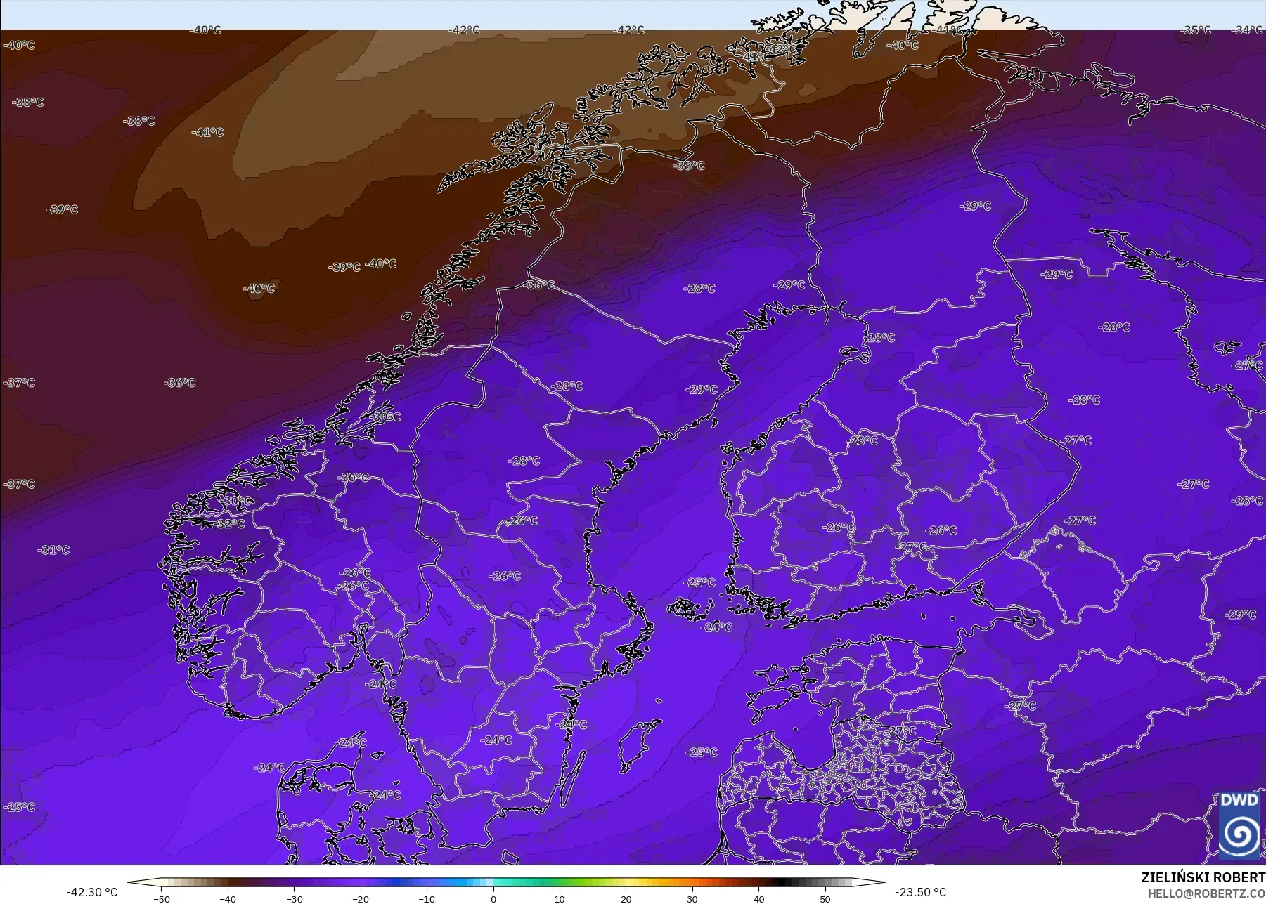 ICON modelo - Escandinavia, Temperatura a 500 hPa