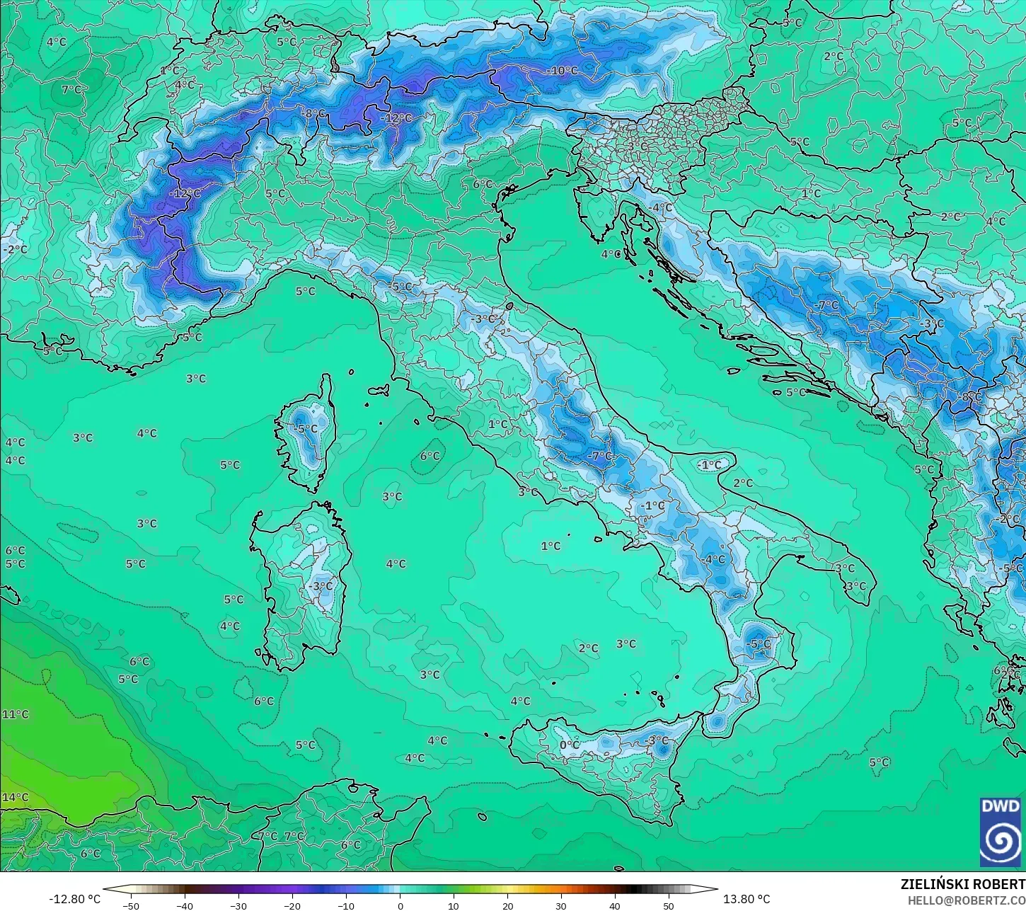 ICON modelo - Italia, Temperatura a 850 hPa