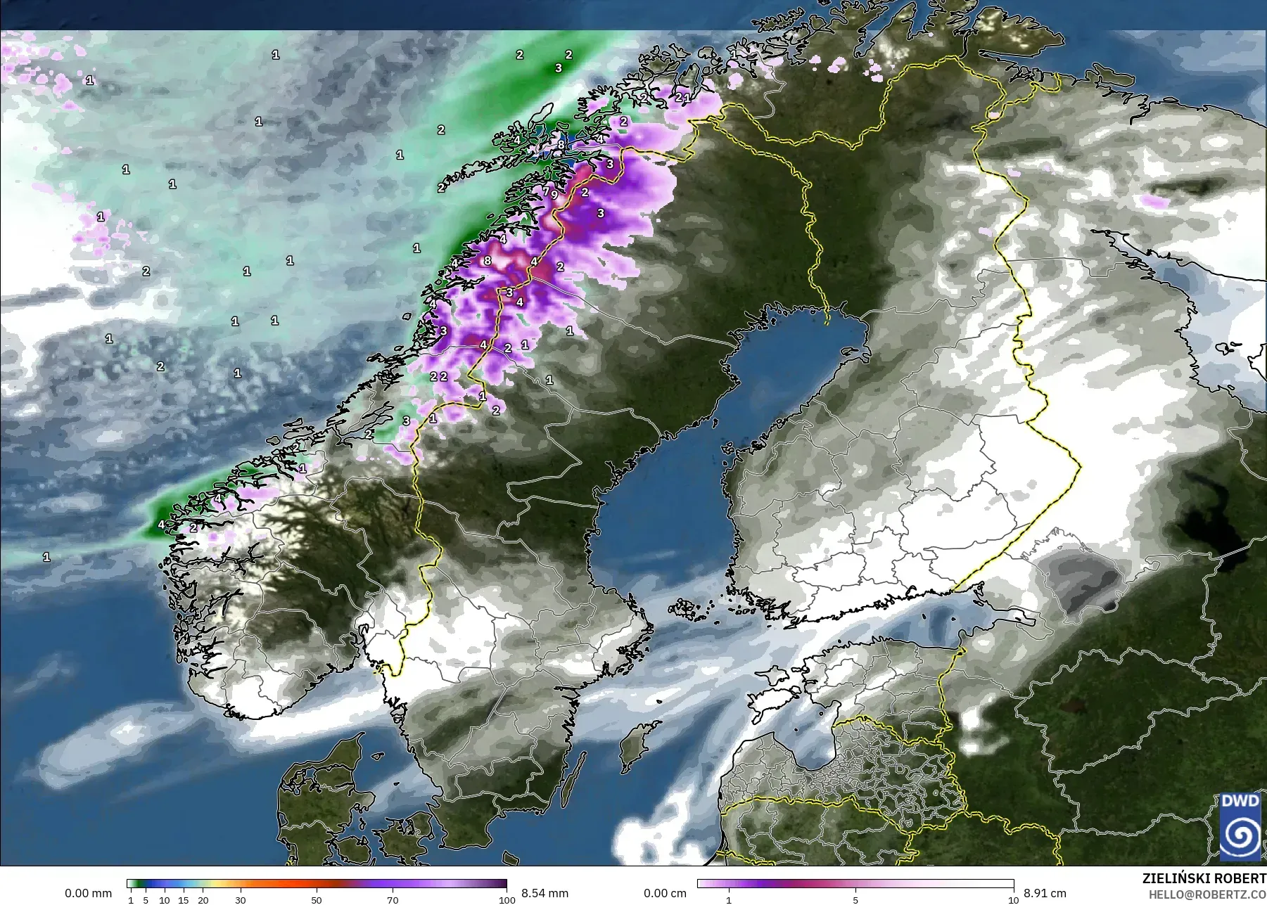 ICON modelo - Escandinavia, Precipitación, nubes y presión